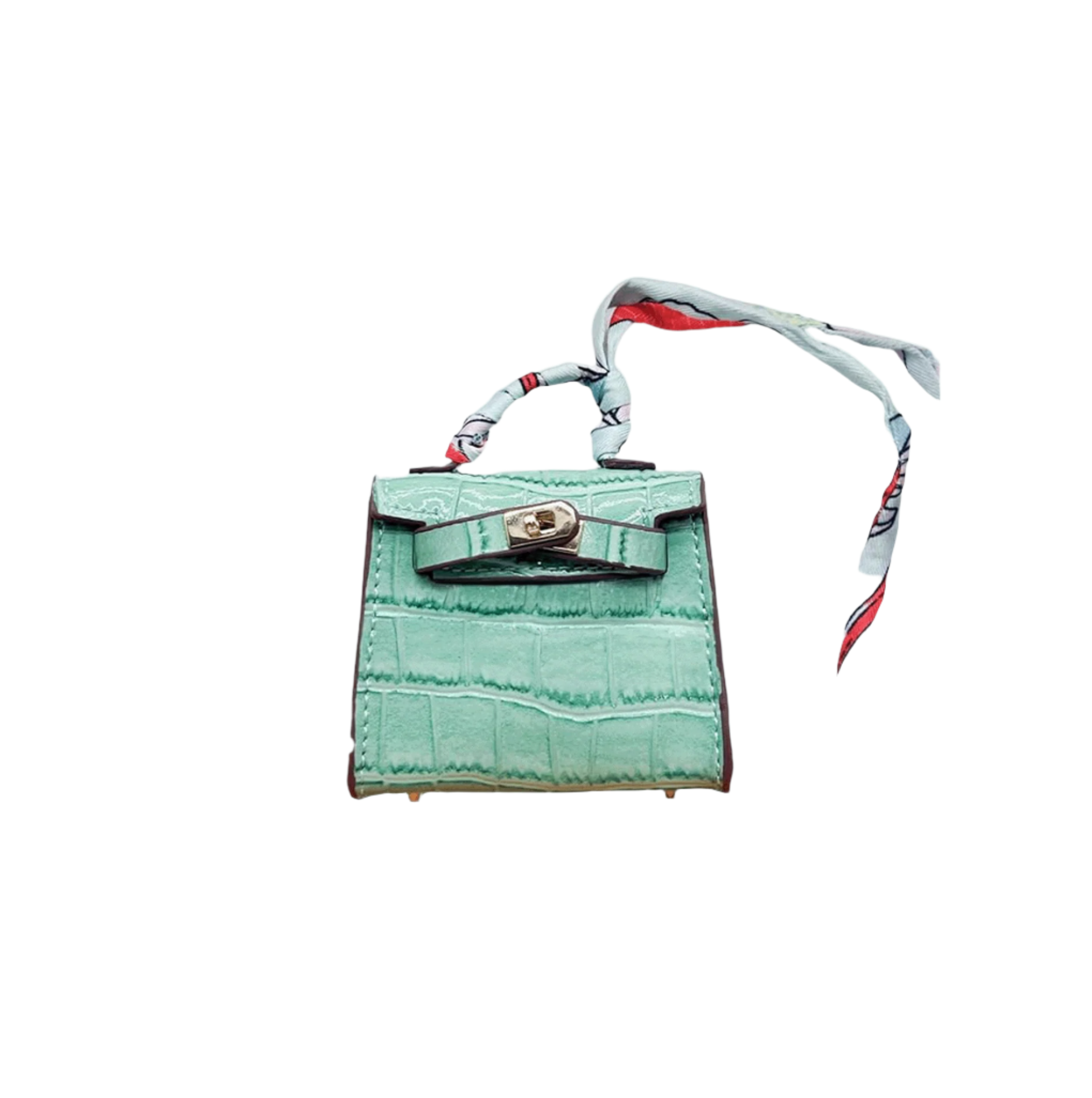 Glossy teal croc embossed mini bag charm with gold-tone twist-lock closure and structured top handle.