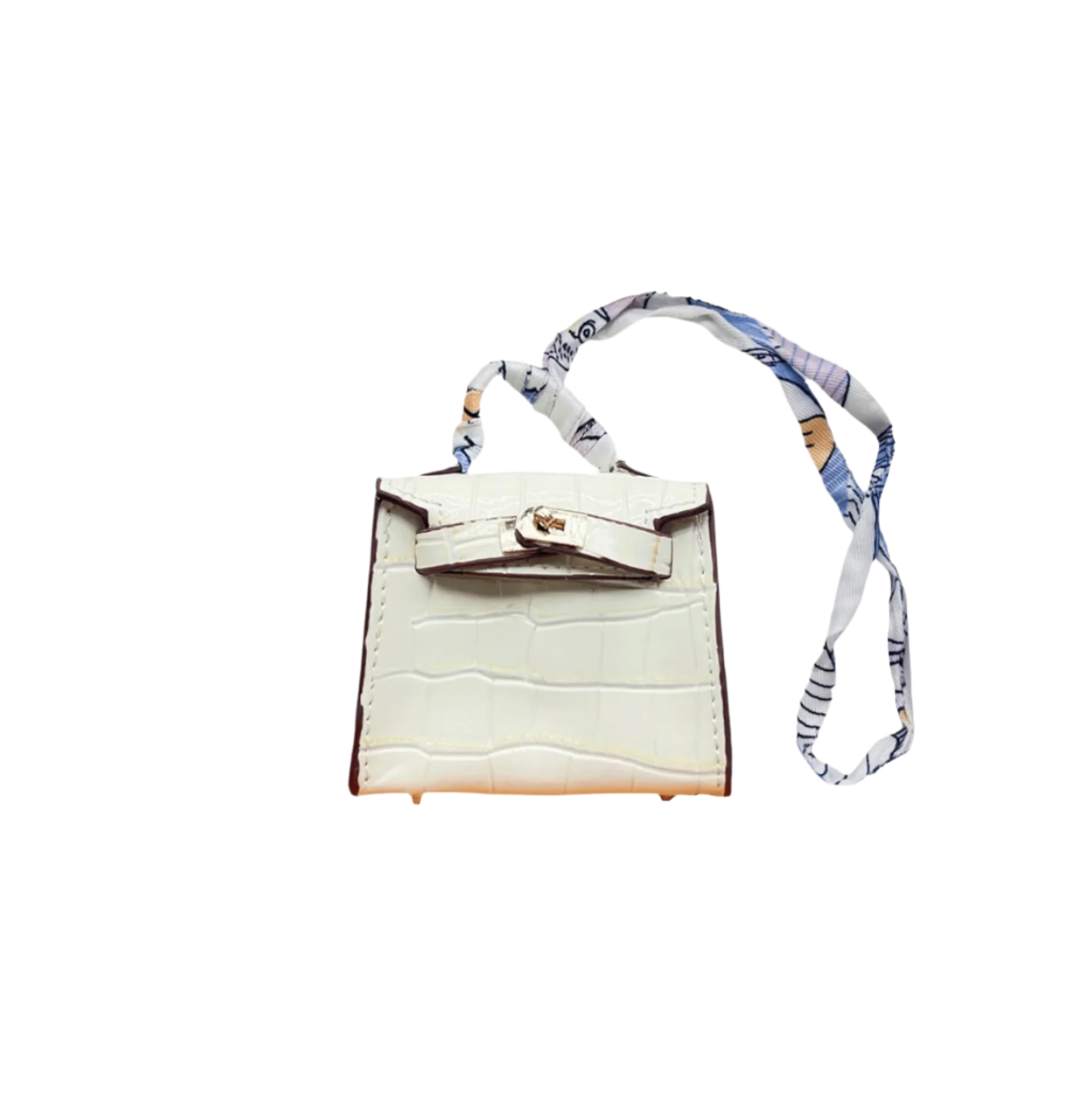 Glossy white croc embossed mini bag charm with gold-tone twist-lock closure and structured top handle.