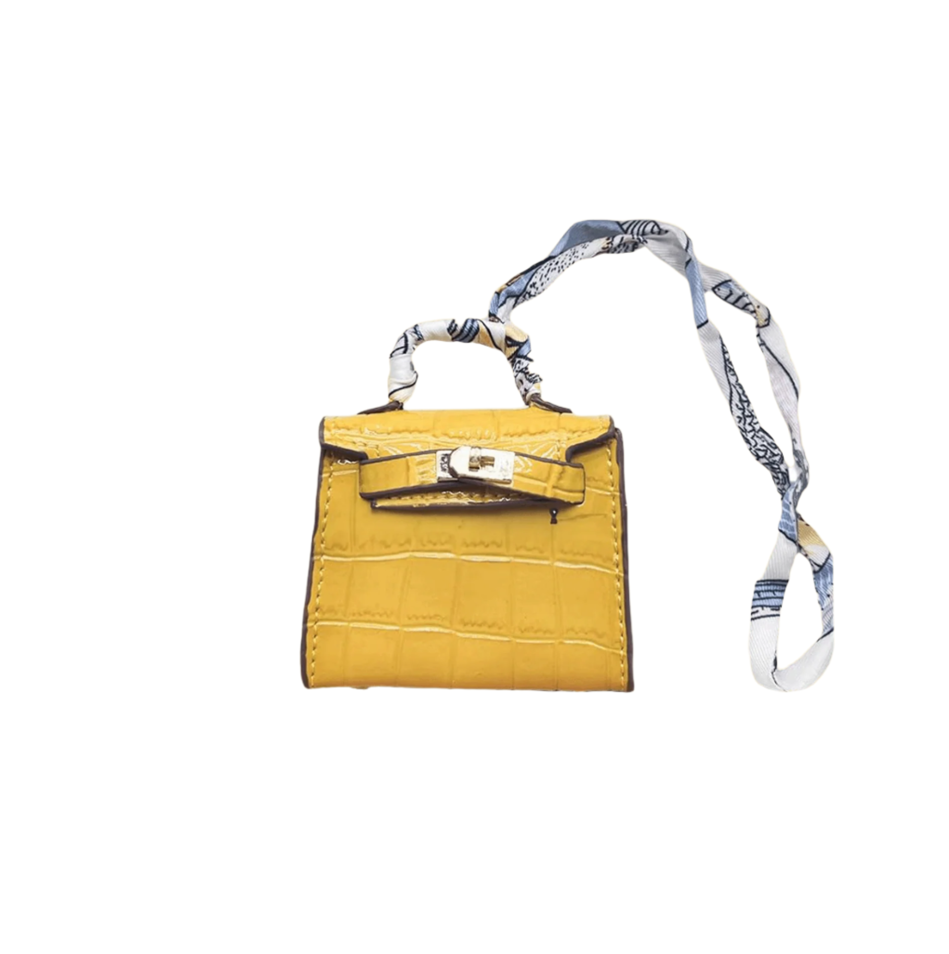 Glossy yellow croc embossed mini bag charm with gold-tone twist-lock closure and structured top handle.