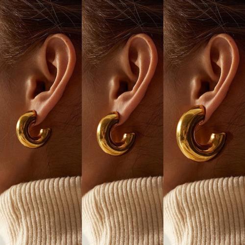 Three views of a gold hoop earring on an ear.