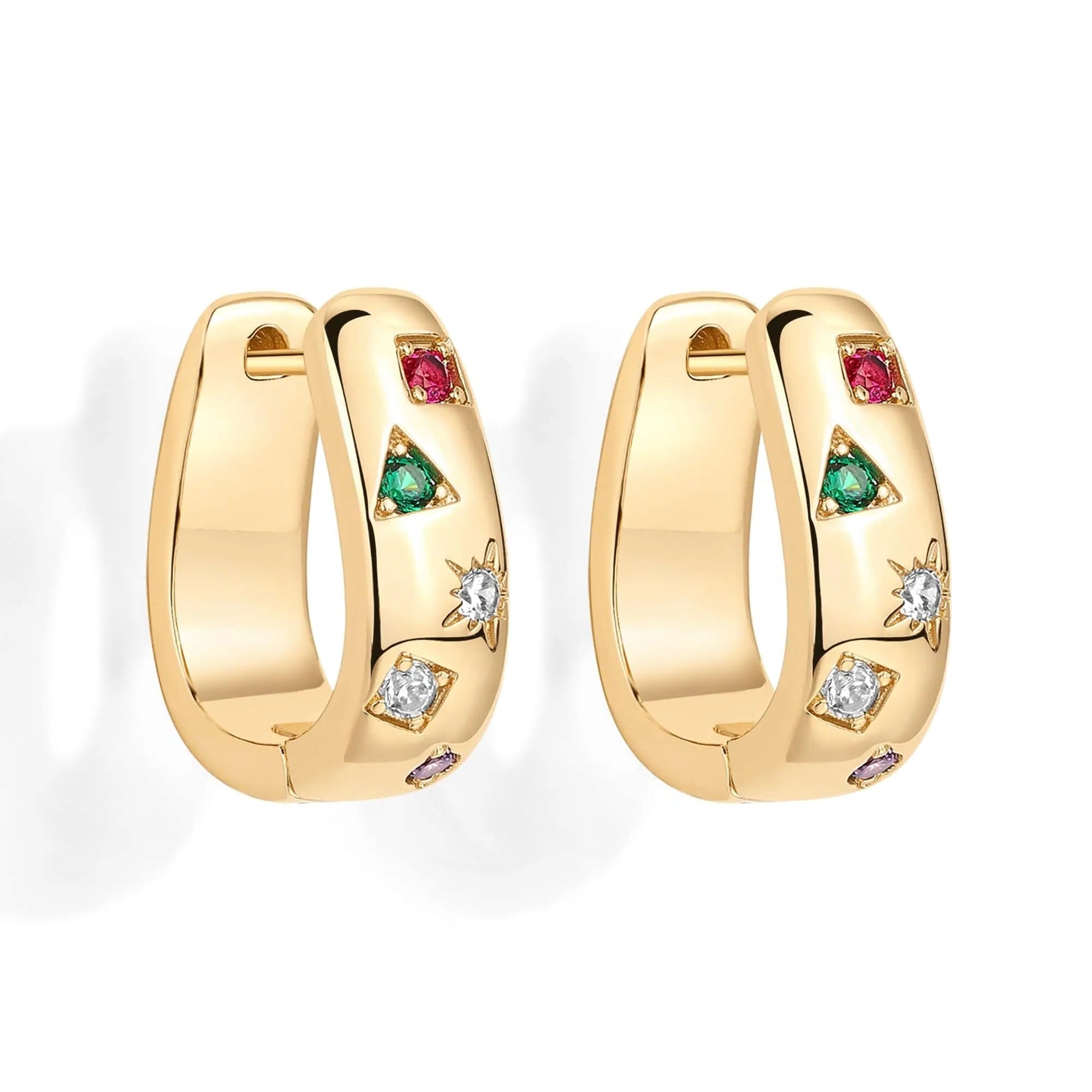 Gold hoop earrings with colorful gemstones on a white background