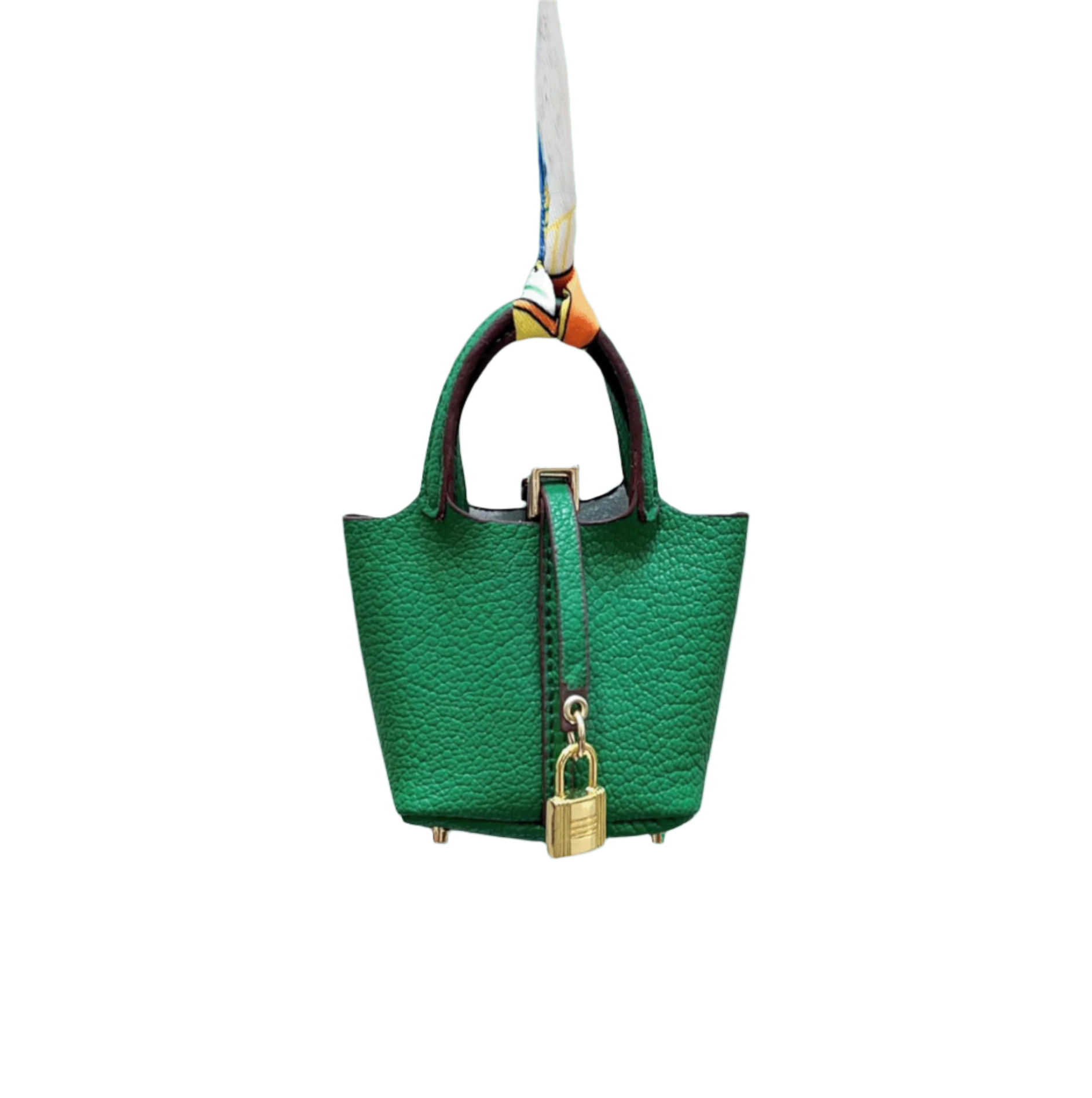 Green leather mini bucket bag charm with gold padlock detail, structured sides, and open-top storage functionality.