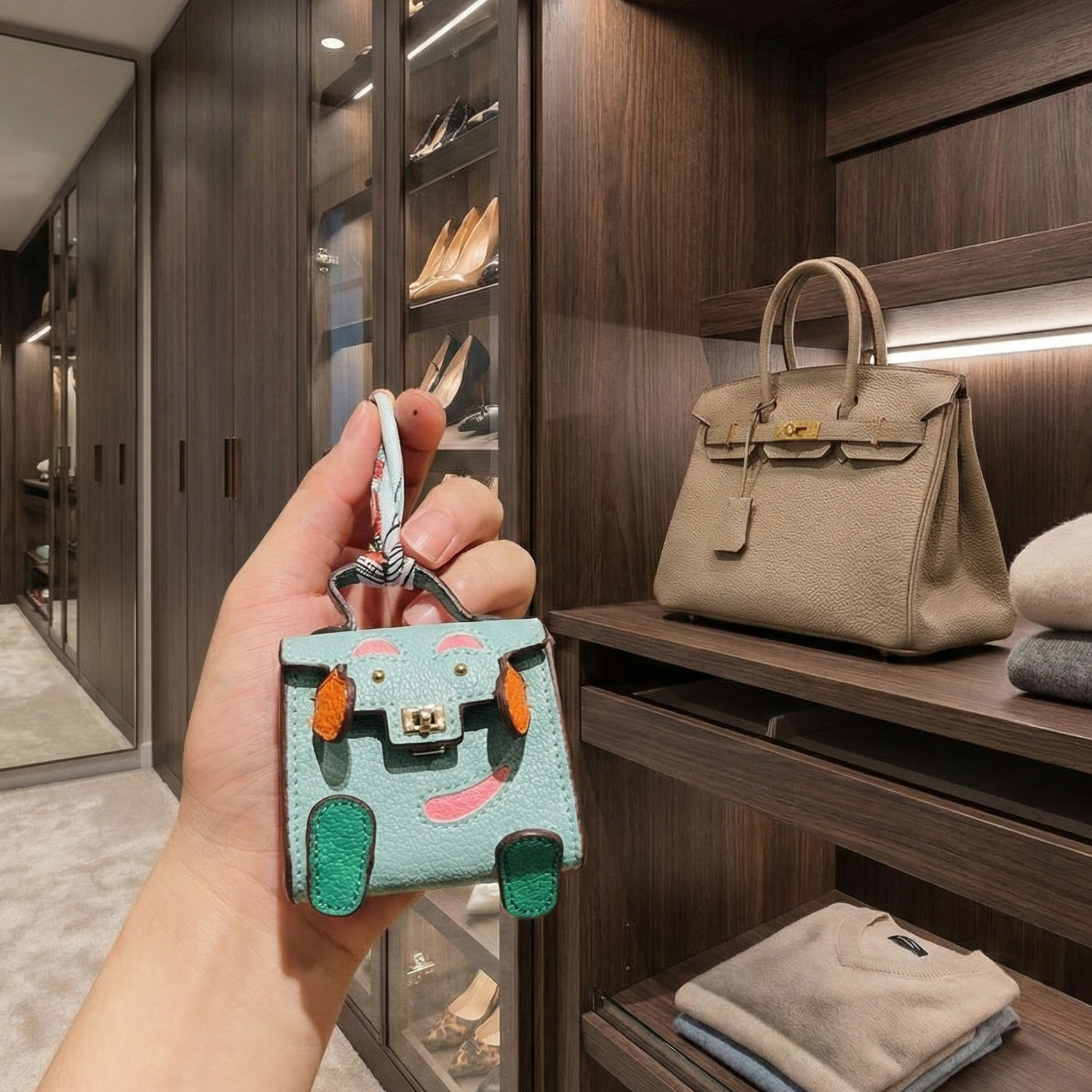 Hand holding a small turquoise handbag keychain in a walk-in closet with bags and clothes.