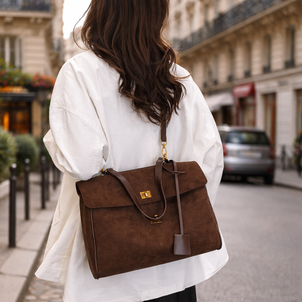 Person wearing a brown leather bag on a city street