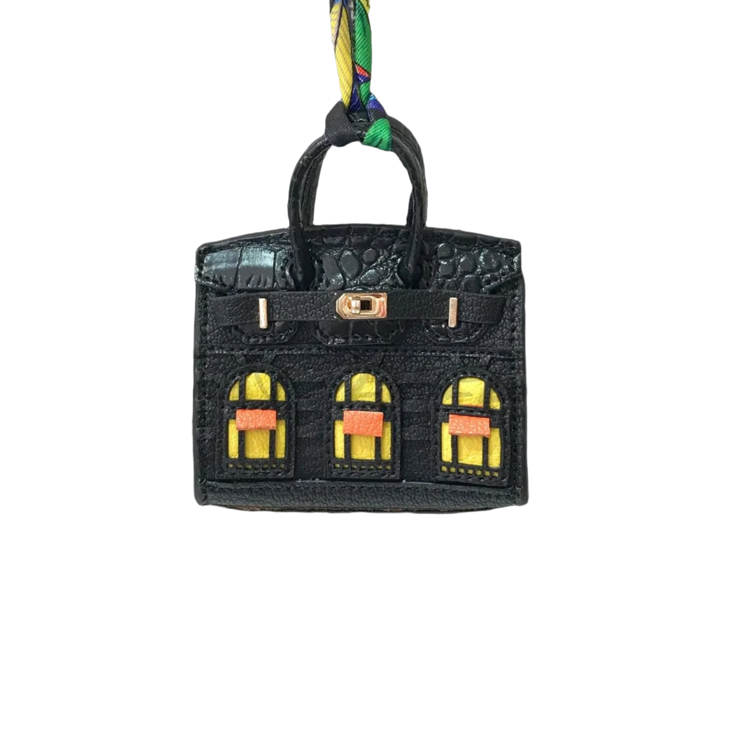Black leather structured Mini Purse Iconic House Bag Charm with window panels and top handle.