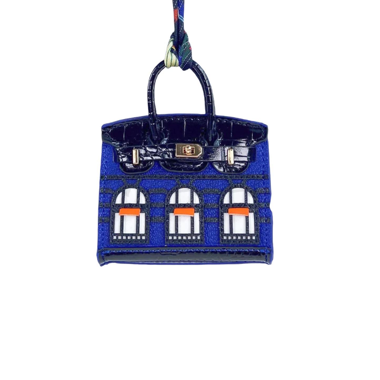 Blue leather structured Mini Purse Iconic House Bag Charm with window panels and top handle.