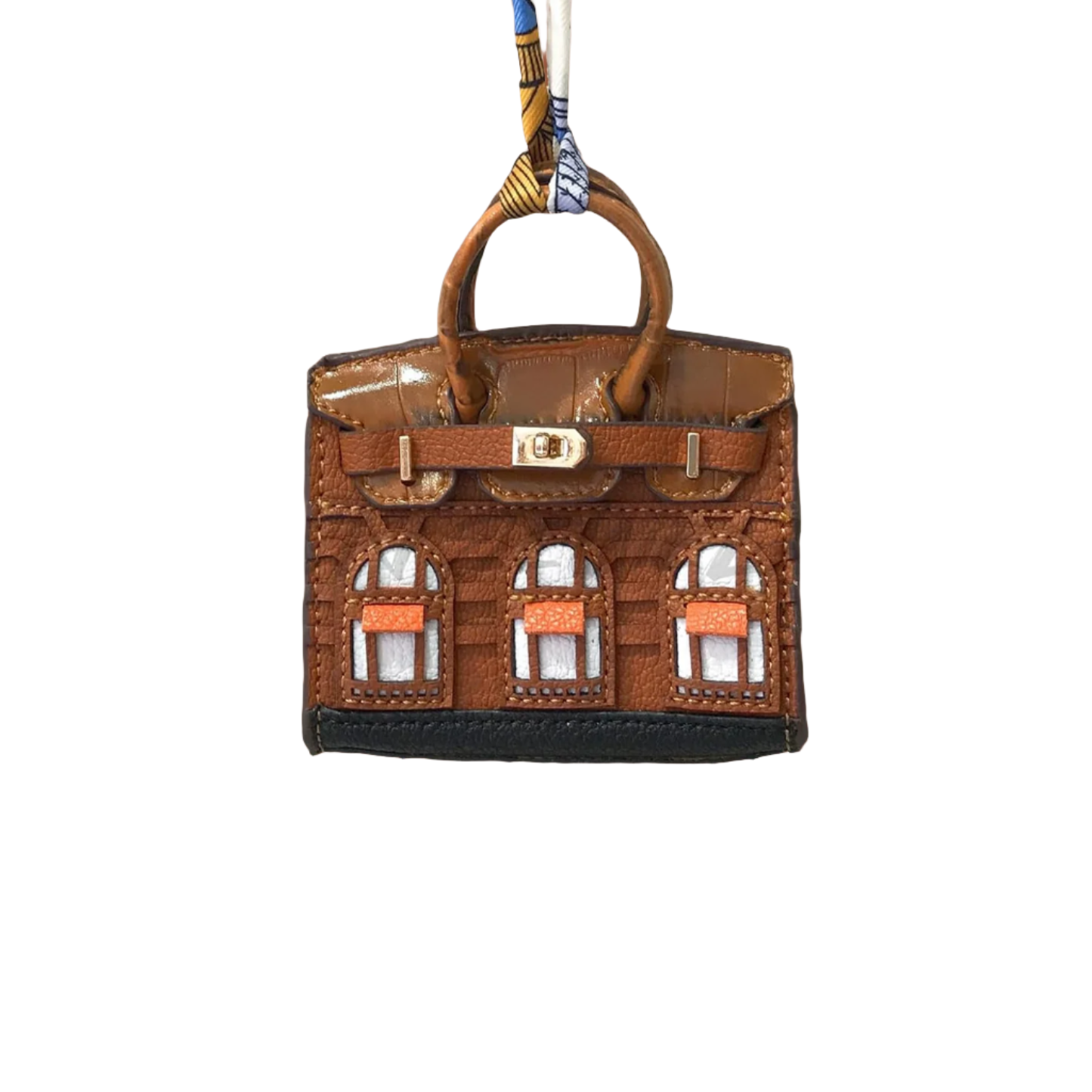 Brown leather structured Mini Purse Iconic House Bag Charm with window panels and top handle.