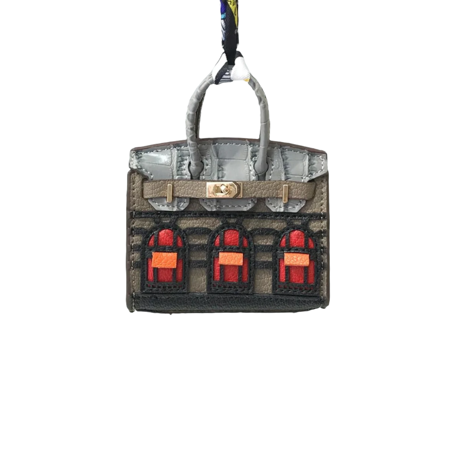 Gray leather structured Mini Purse Iconic House Bag Charm with window panels and top handle.