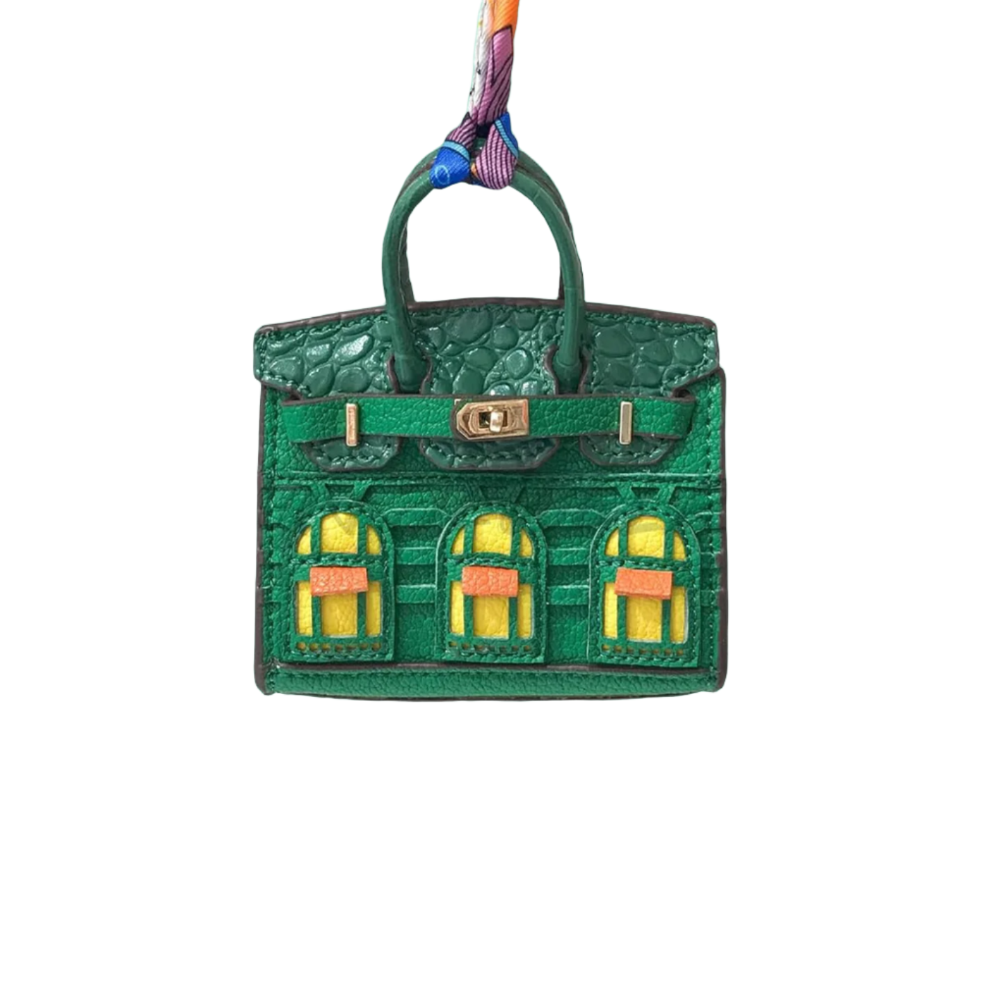 Green leather structured Mini Purse Iconic House Bag Charm with window panels and top handle.