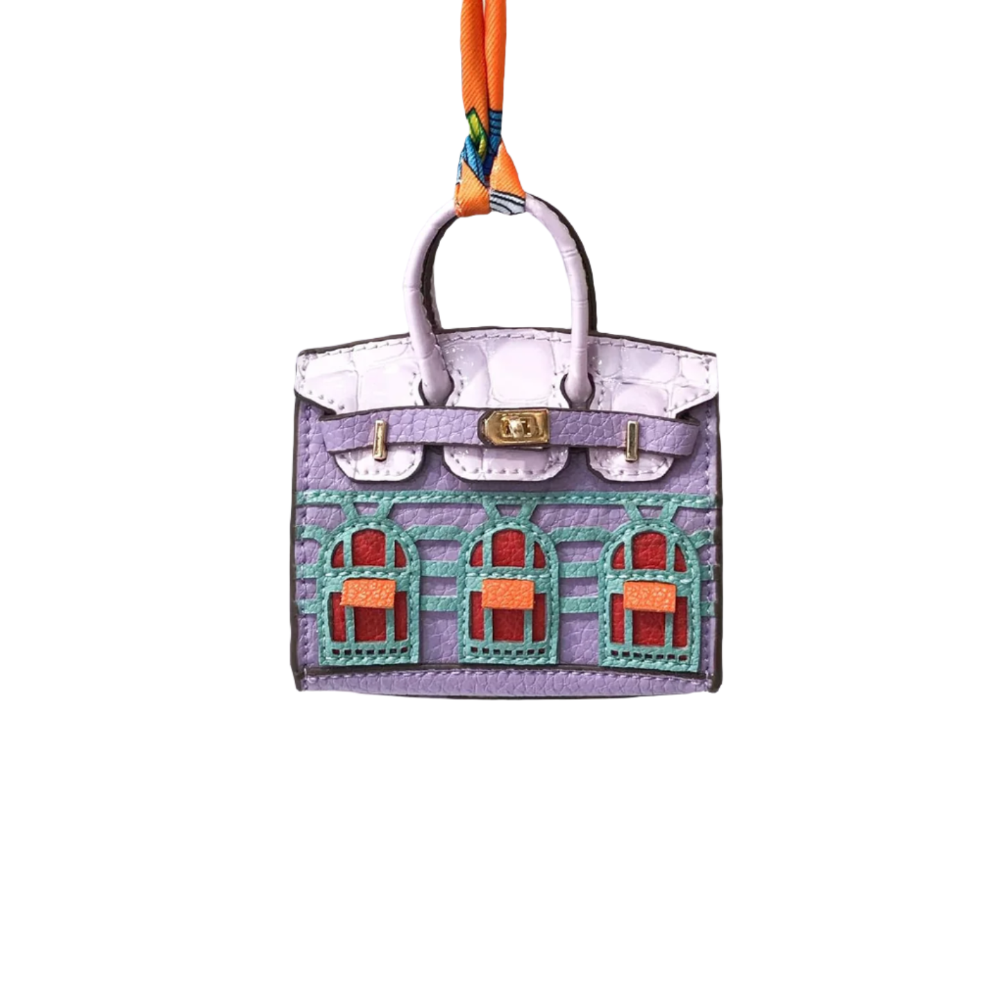 Lavender leather structured Mini Purse Iconic House Bag Charm with window panels and top handle.