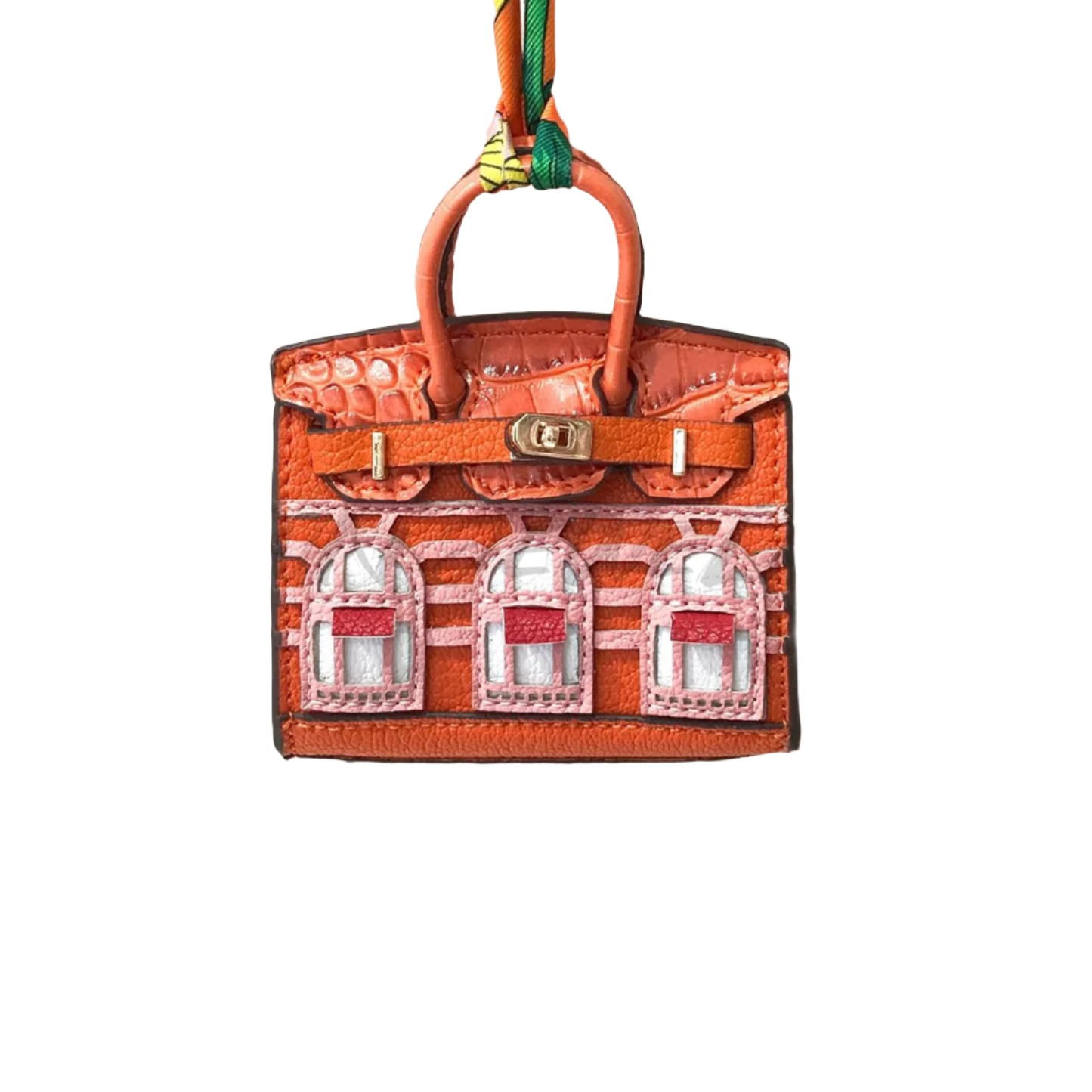 Orange leather structured Mini Purse Iconic House Bag Charm with window panels and top handle.