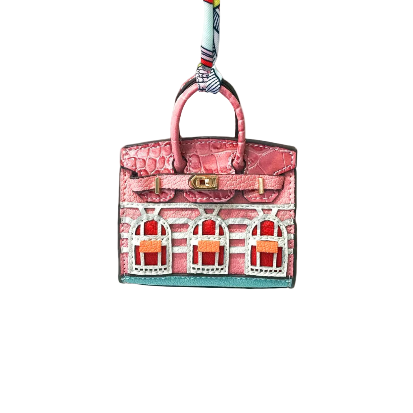Pink leather structured Mini Purse Iconic House Bag Charm with window panels and top handle.