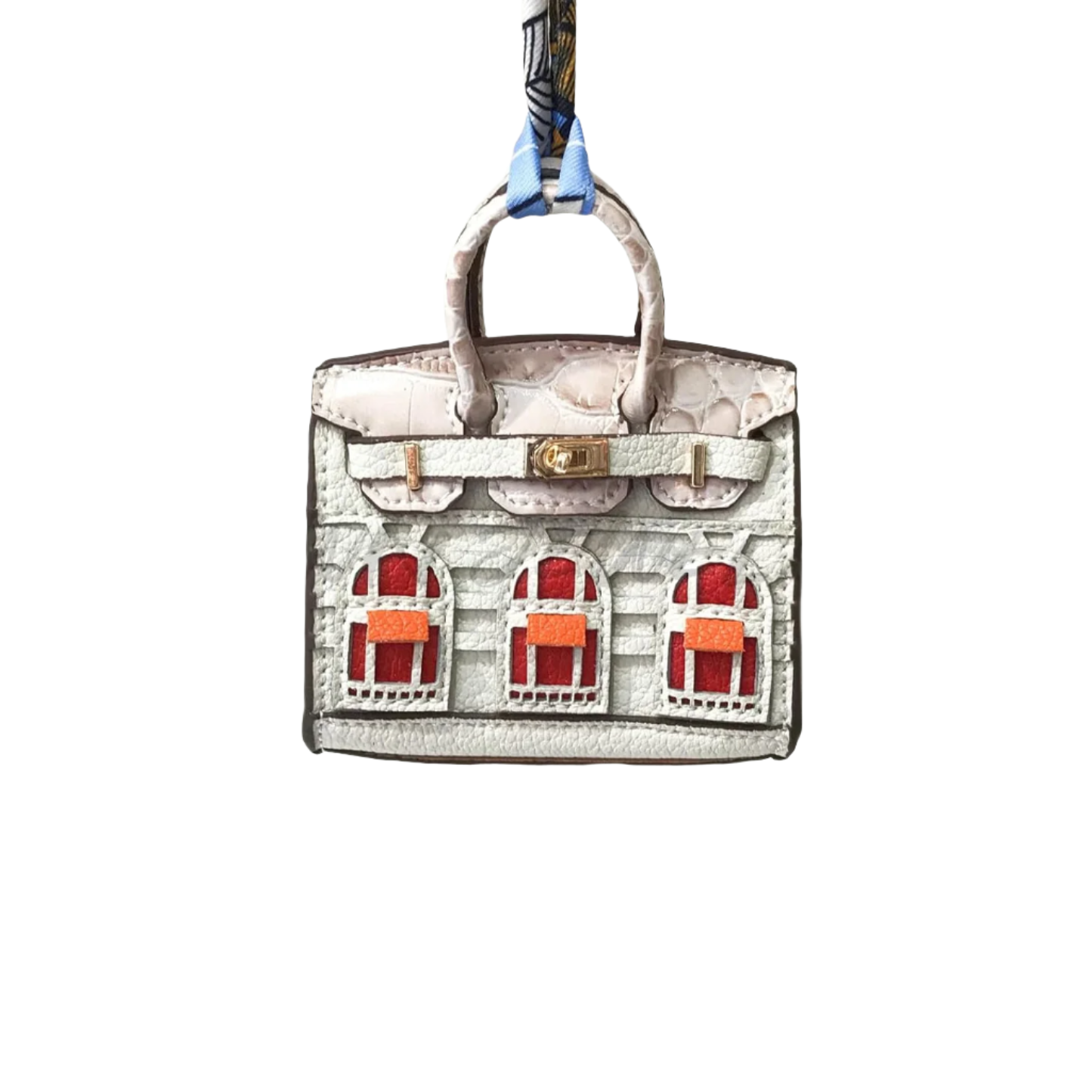 White leather structured Mini Purse Iconic House Bag Charm with window panels and top handle.