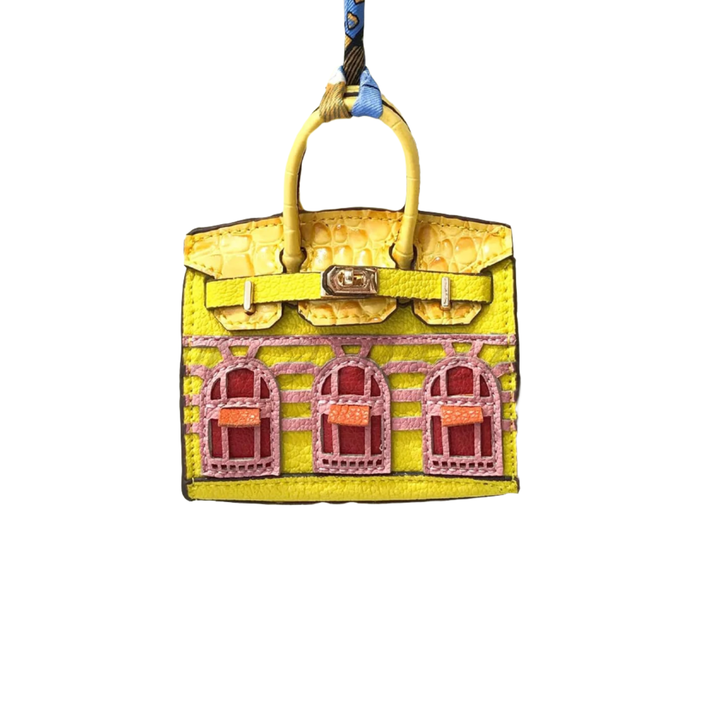 Yellow leather structured Mini Purse Iconic House Bag Charm with window panels and top handle.