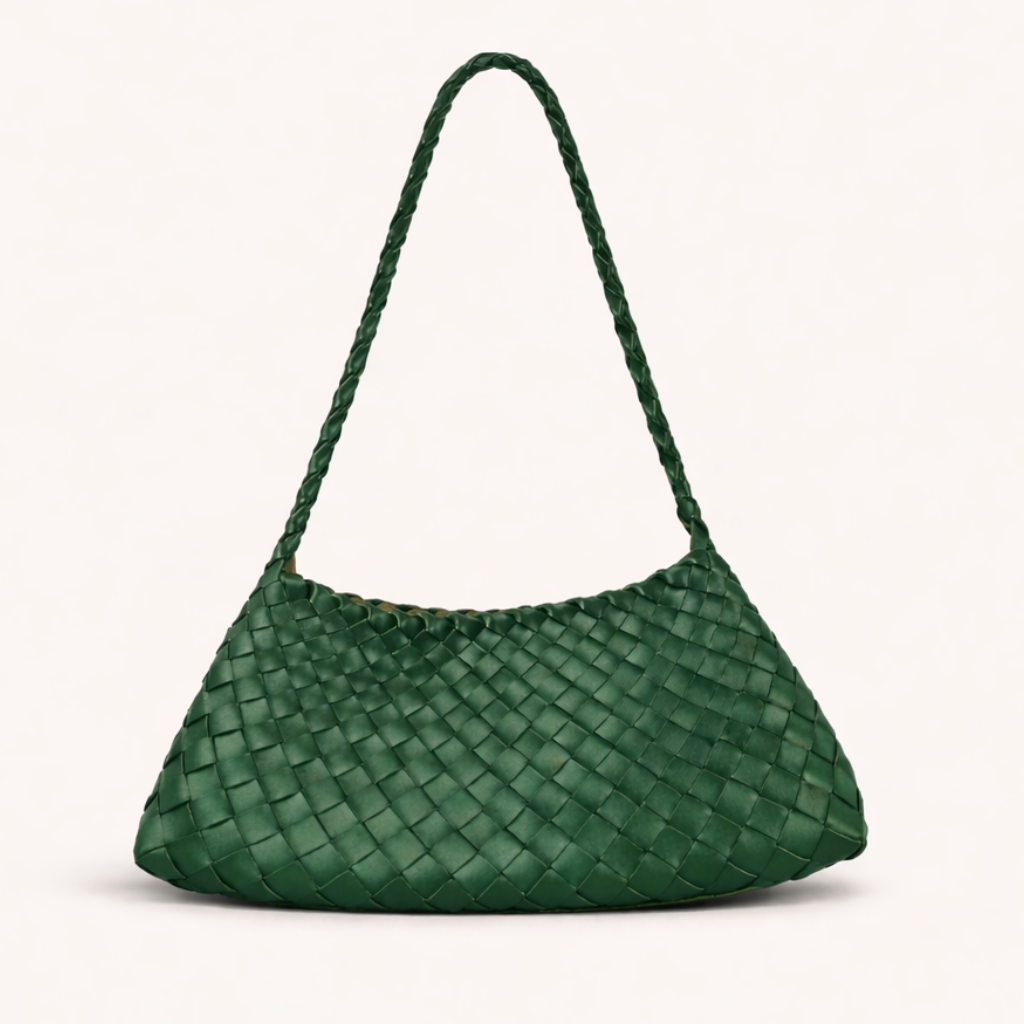 Green woven handbag on a white background