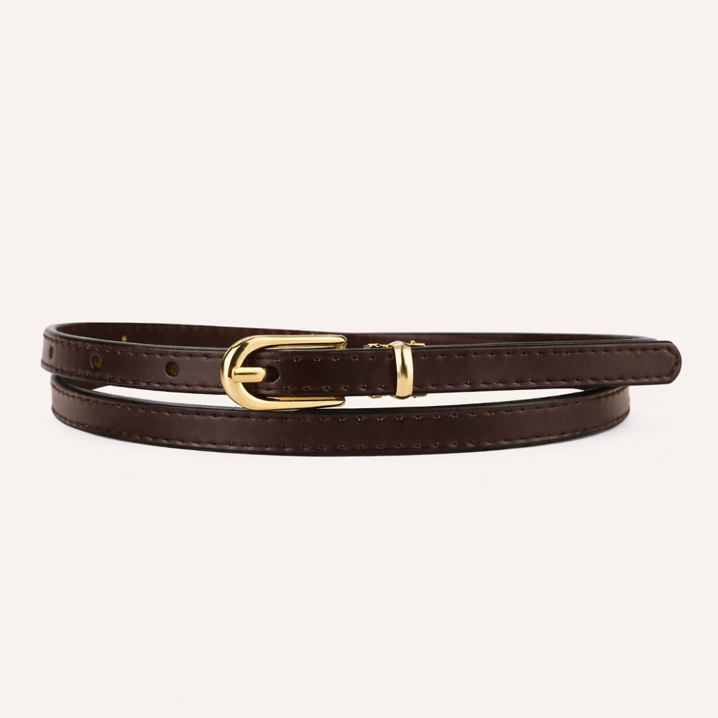 Brown leather belt with a gold buckle on a white background