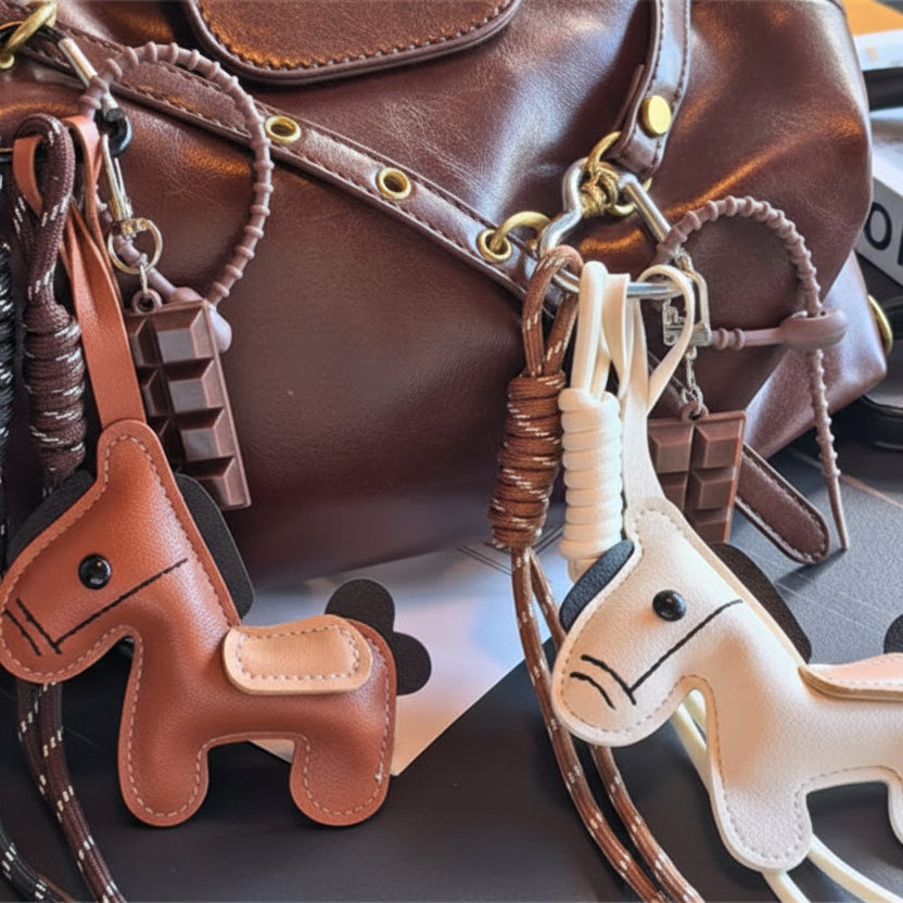 Two leather keychains shaped like donkeys on a textured surface with a black bag in the background.