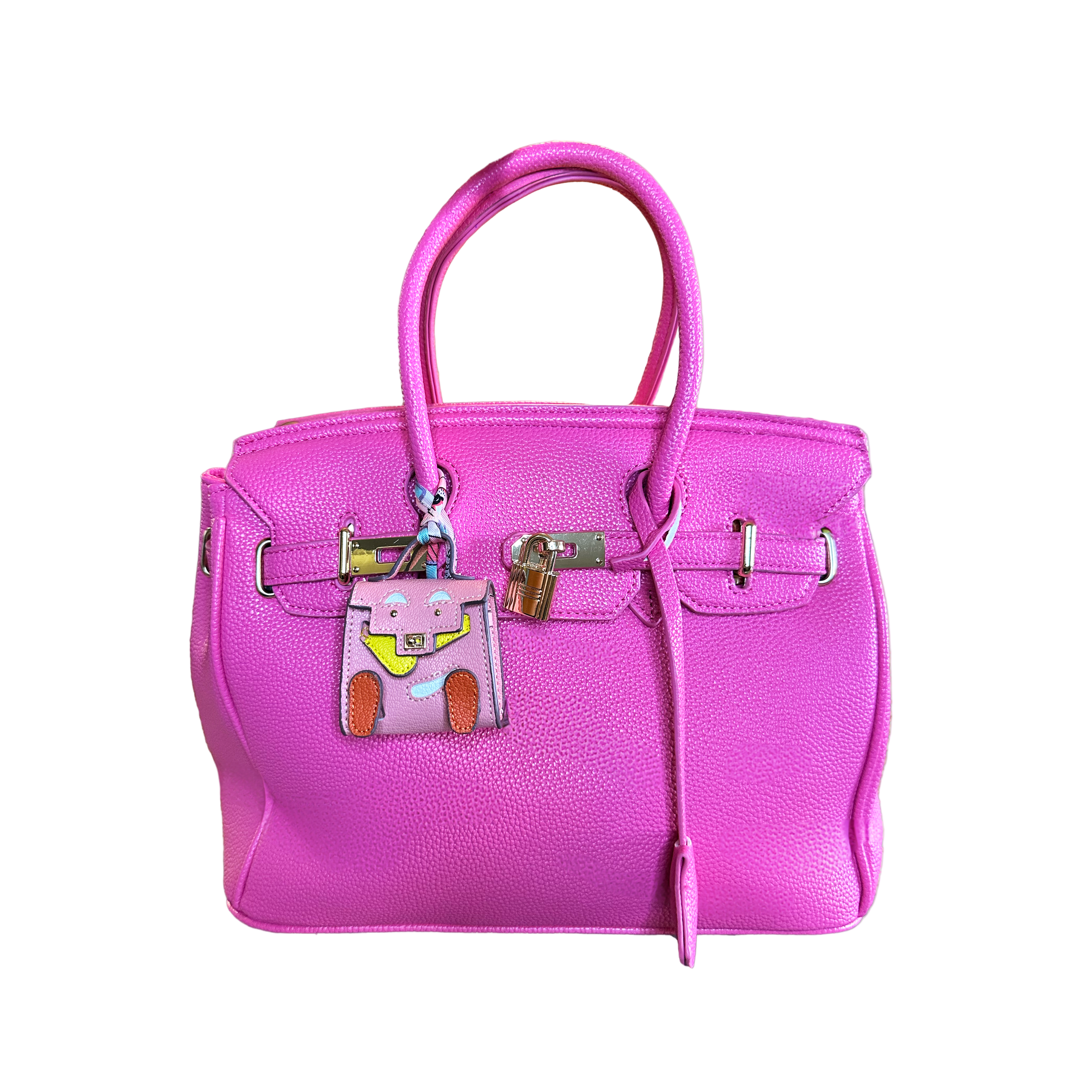 Pink handbag with a mini bag charm on a gray background