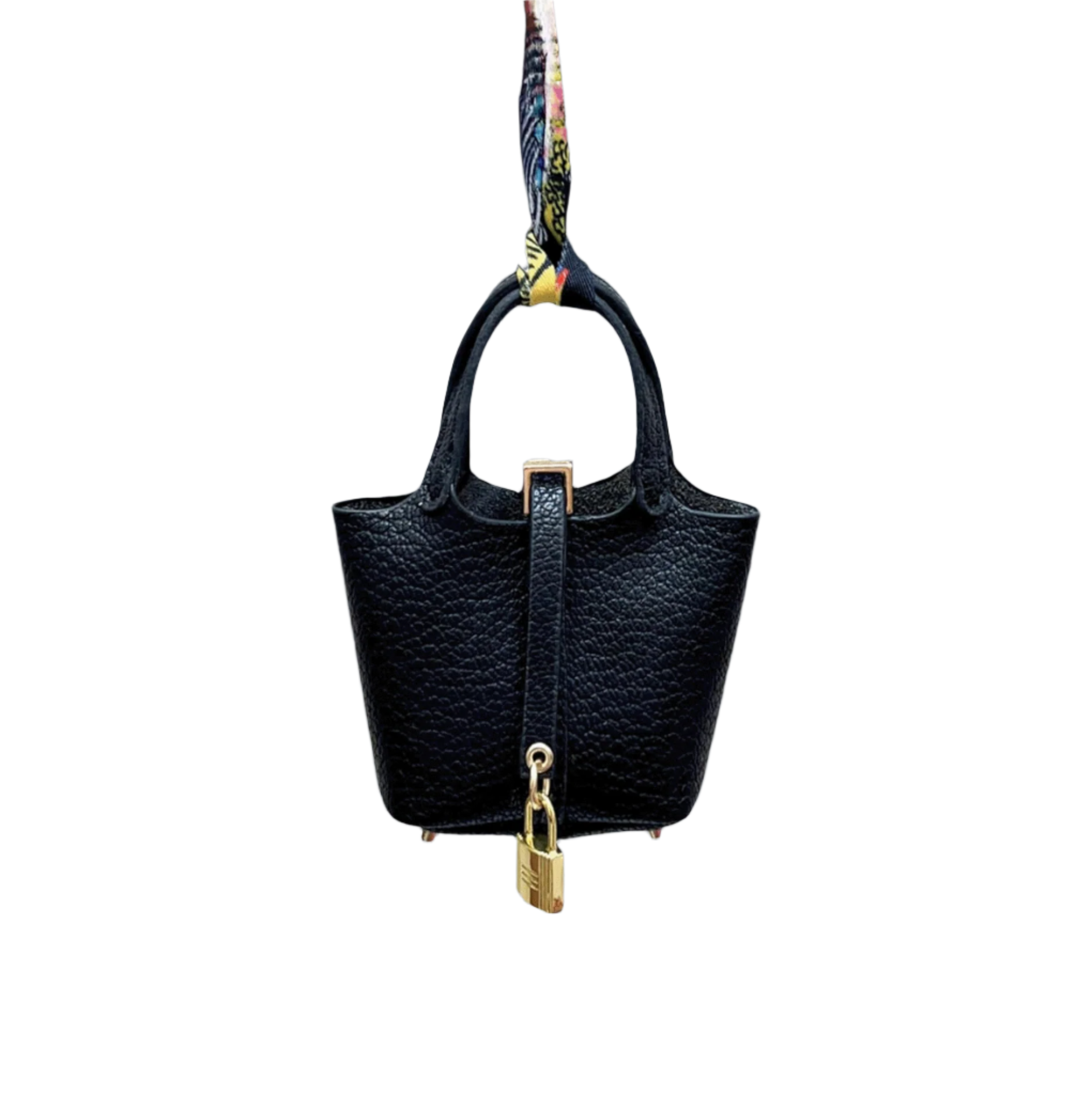 Black leather mini bucket bag charm with gold padlock detail, structured sides, and open-top storage functionality.