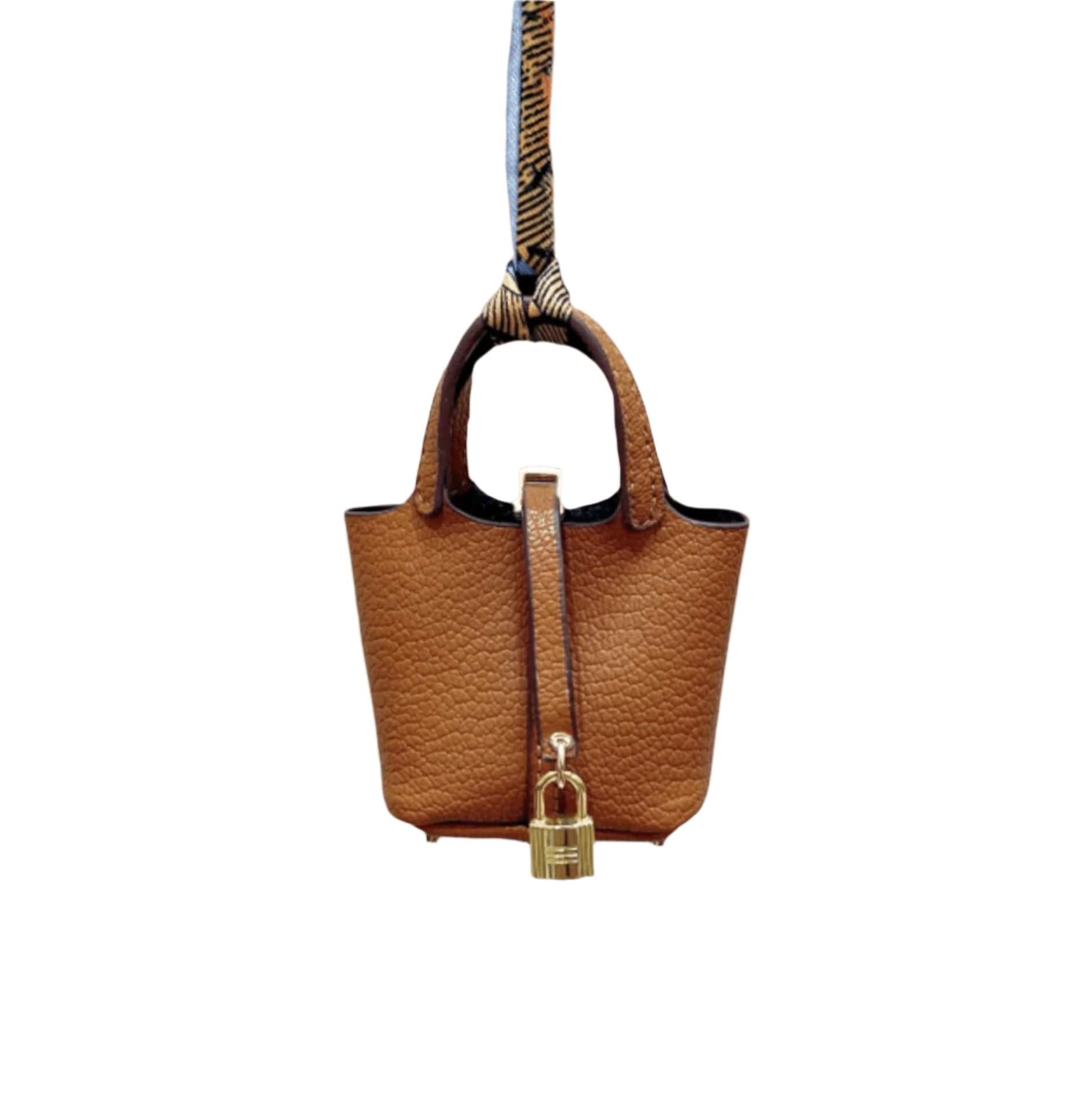 Brown leather mini bucket bag charm with gold padlock detail, structured sides, and open-top storage functionality.