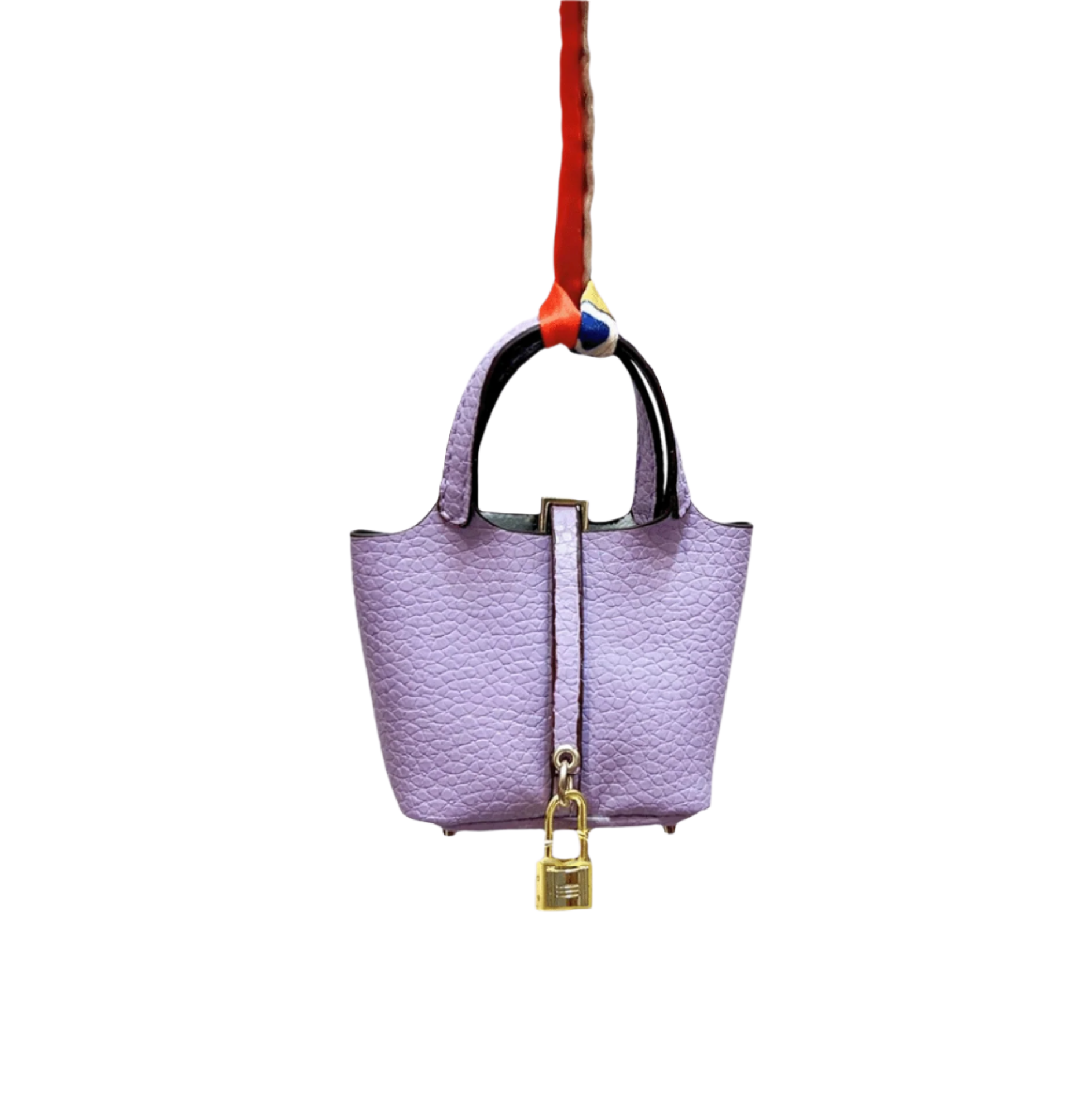 Lavender leather mini bucket bag charm with gold padlock detail, structured sides, and open-top storage functionality.