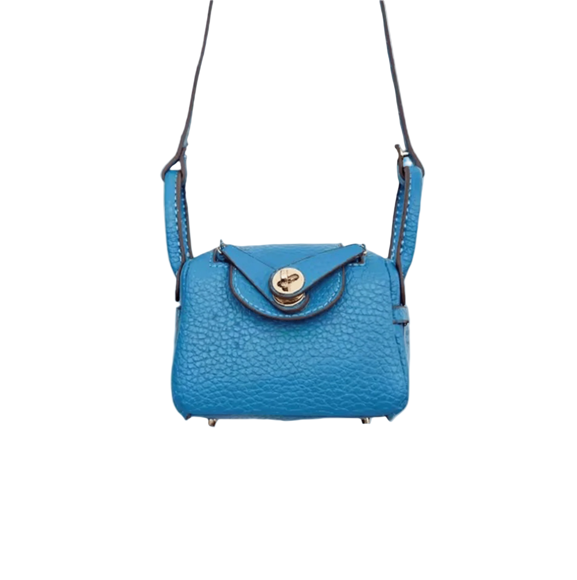 Vibrant blue textured leather mini crossbody bag charm with gold-tone twist-lock closure and thin shoulder strap. Keychain and handbag accessory.
