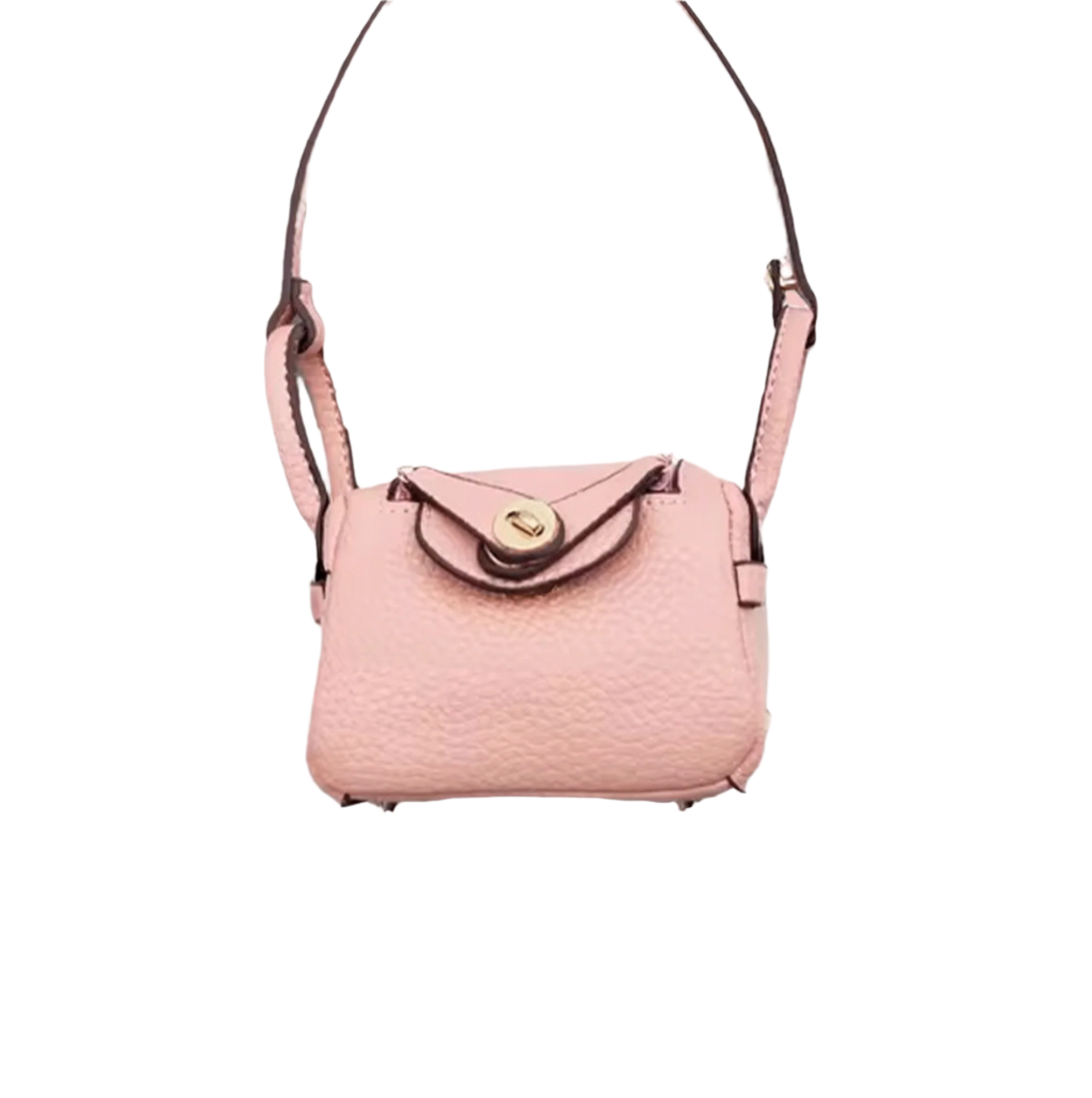 Pink textured leather mini crossbody bag charm with gold-tone twist-lock closure and thin shoulder strap. Keychain and handbag accessory.