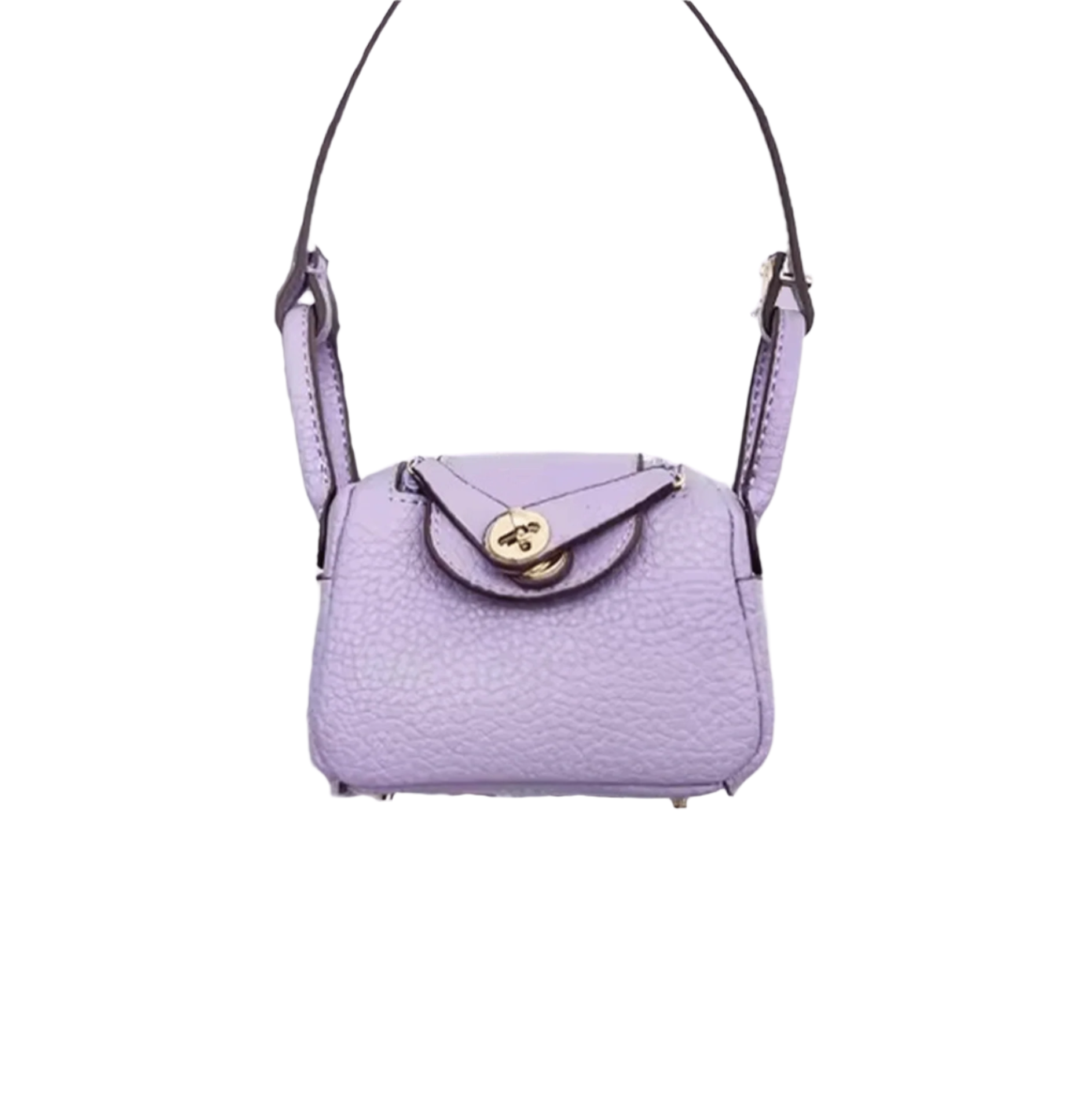 Purple textured leather mini crossbody bag charm with gold-tone twist-lock closure and thin shoulder strap. Keychain and handbag accessory.