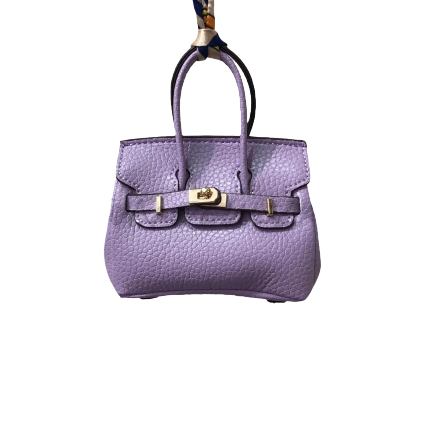 Lavender genuine leather Mini Purse Iconic Bag Charm with structured shape, top handle, securing straps, and gold-tone padlock.