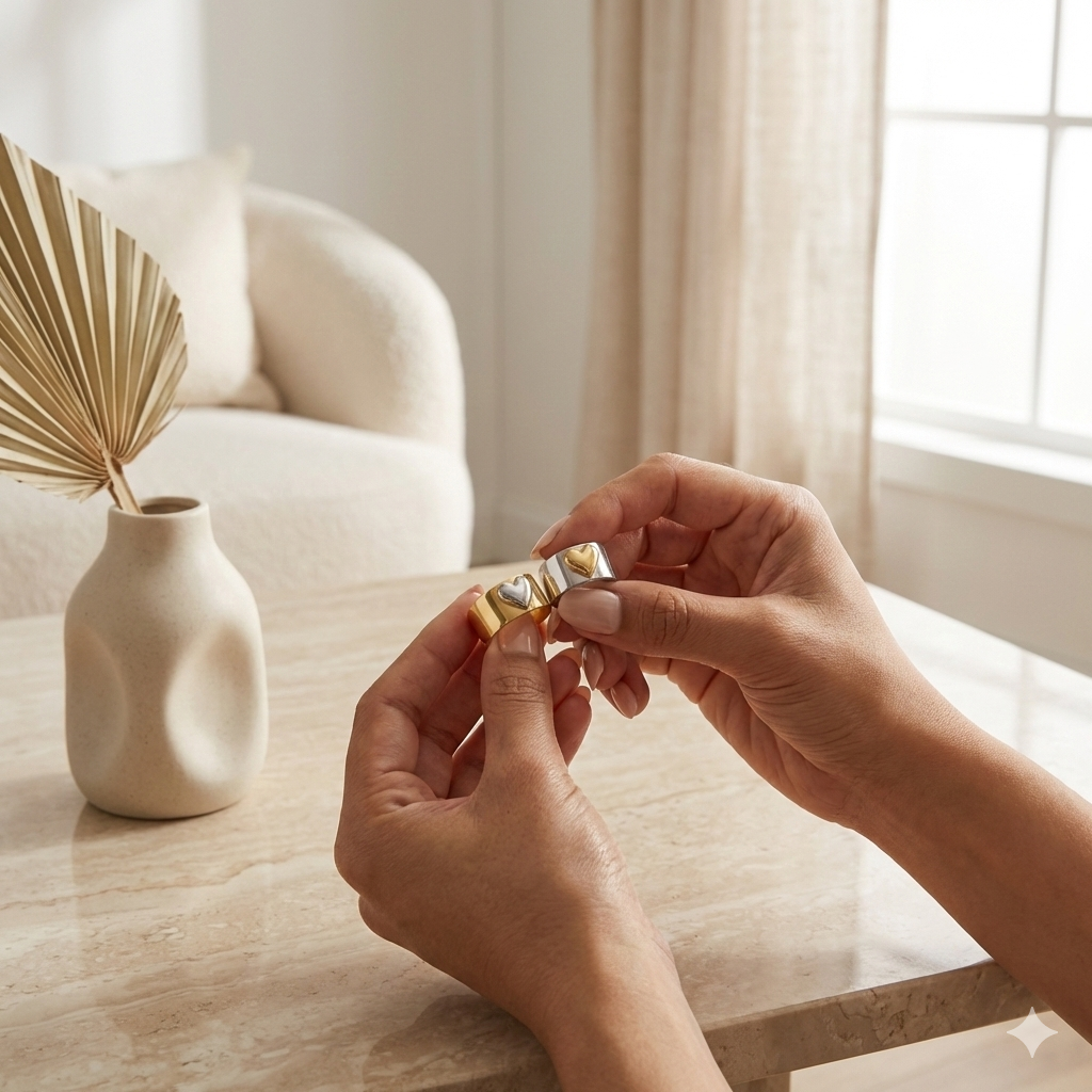 Person holding two gold and silver rings on a light wooden table with a vase and dried plant in the background.