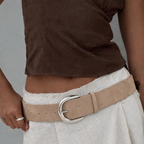 Model wearing a beige big buckle belt