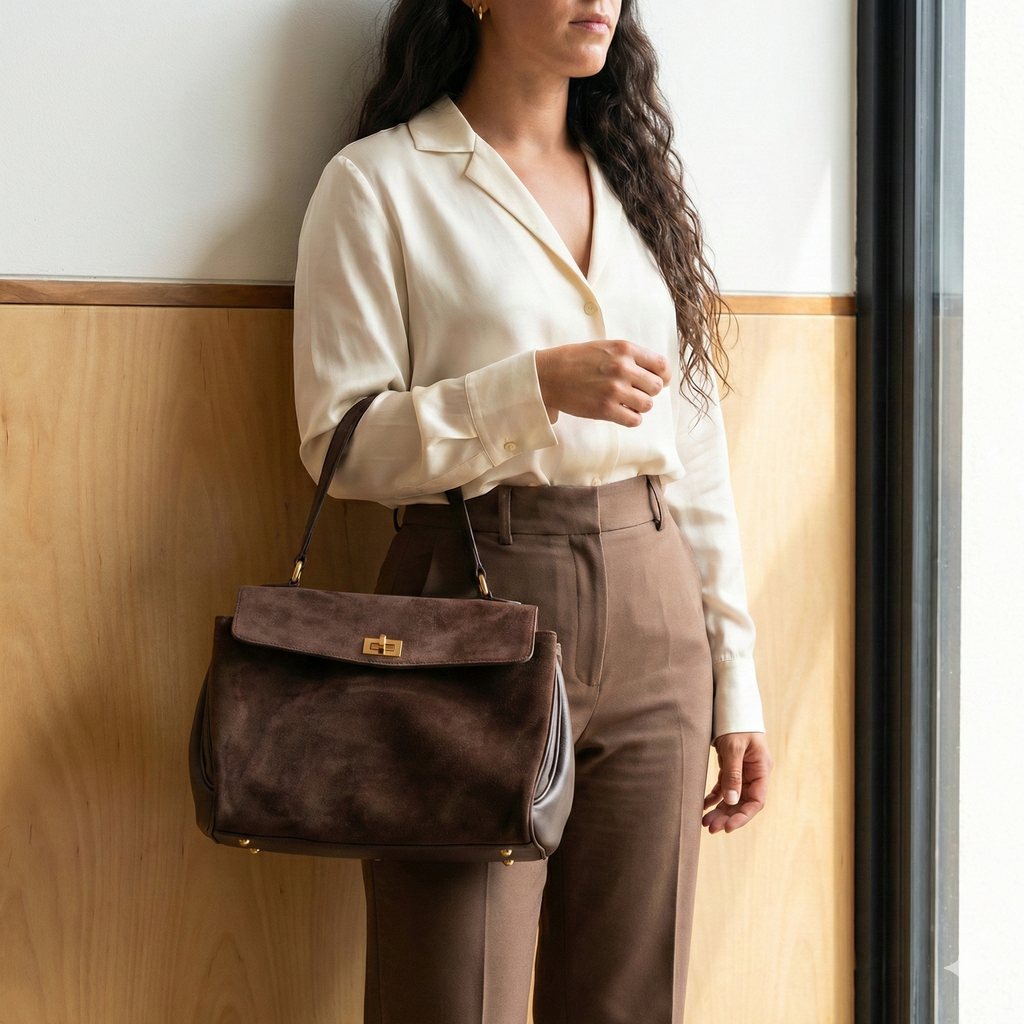 Woman holding a brown handbag against a light-colored wall.