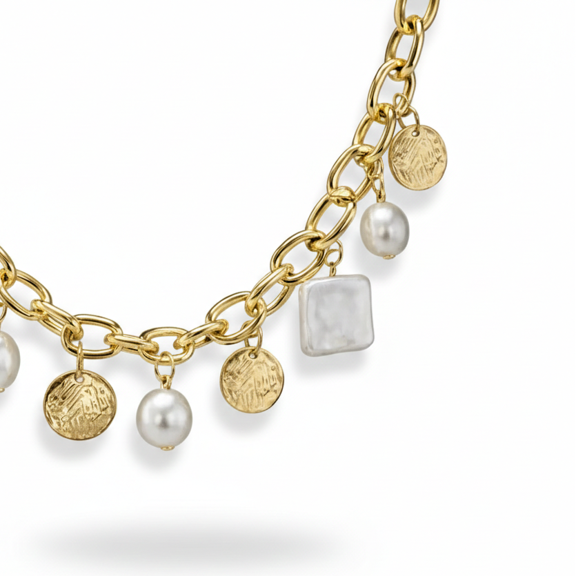 Gold chain necklace with various charms on a white background