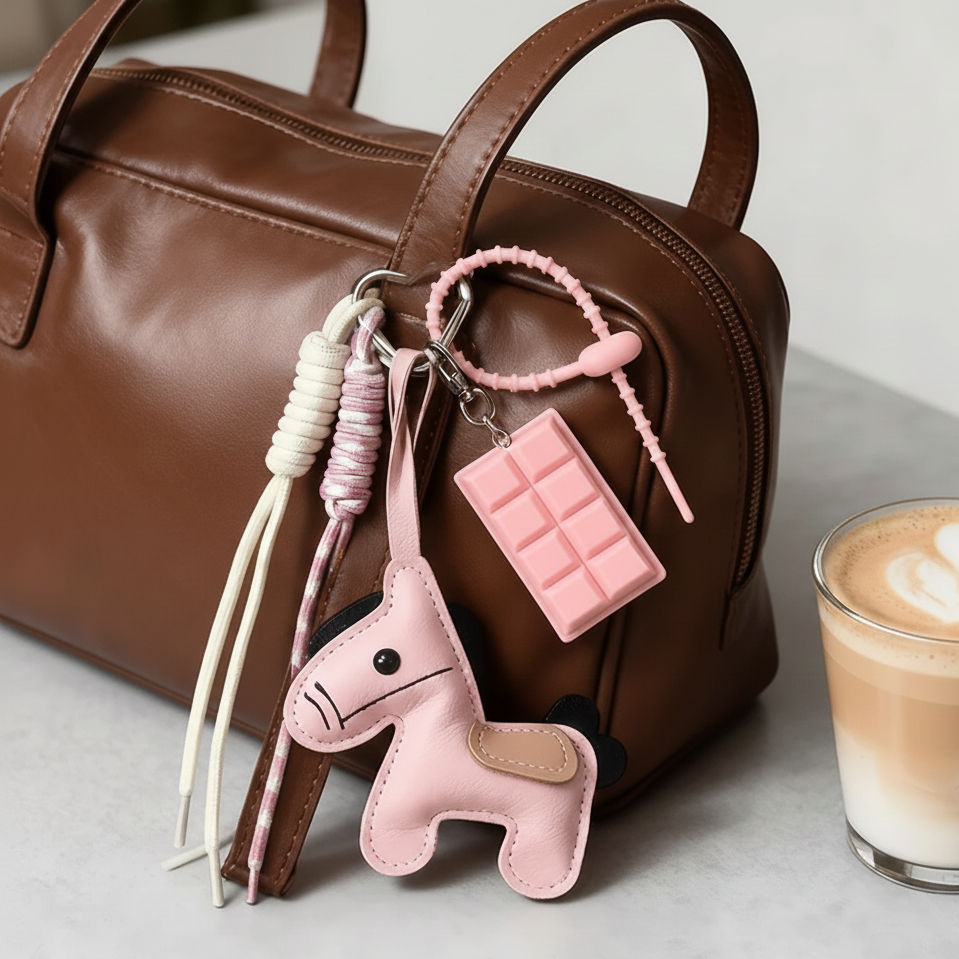 Pink keychain with a chocolate bar design attached to a brown handbag on a light surface with a glass of coffee.