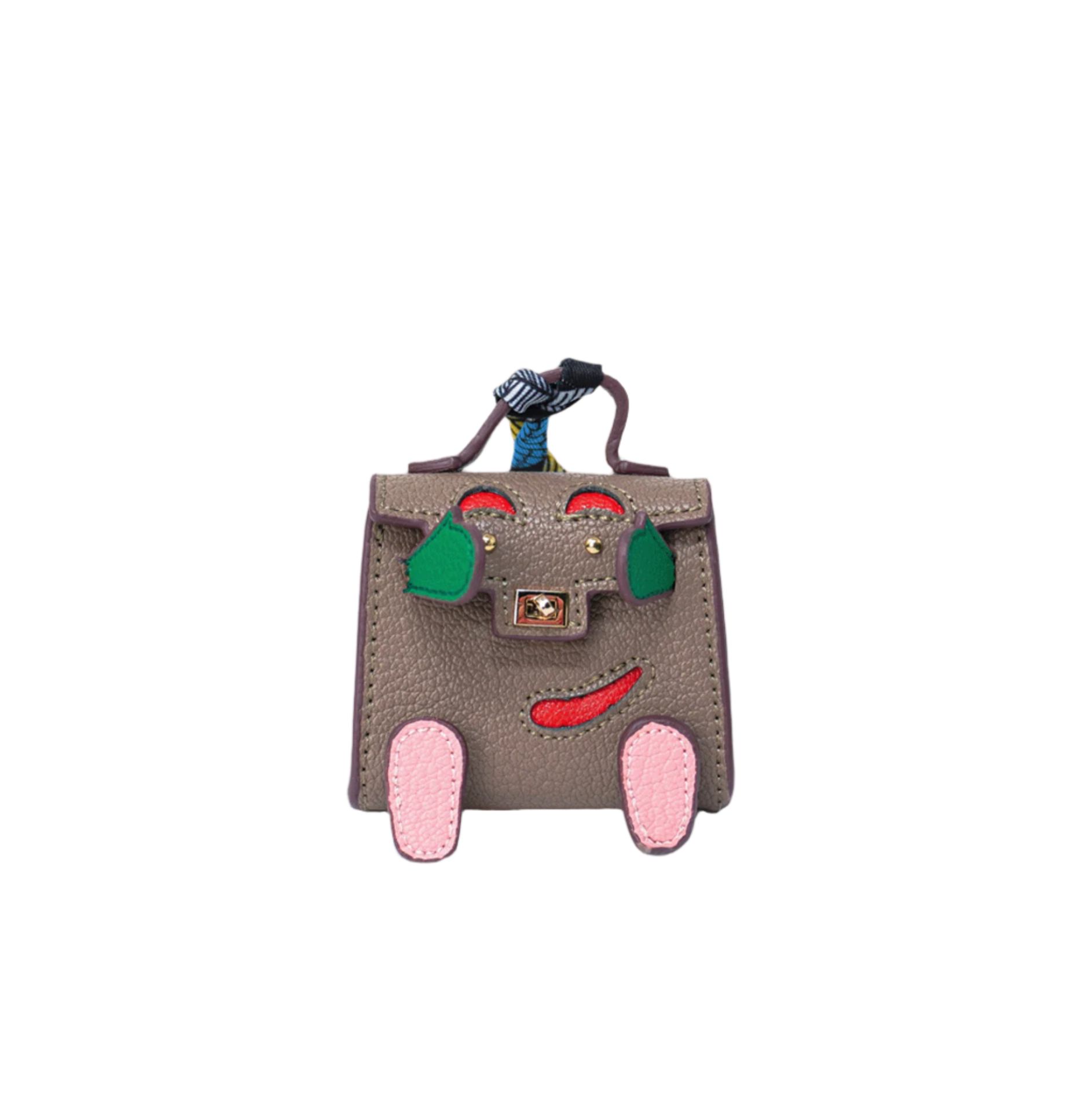 Gray mini leather bag charm with a playful face design made of pink, red, and green patches.