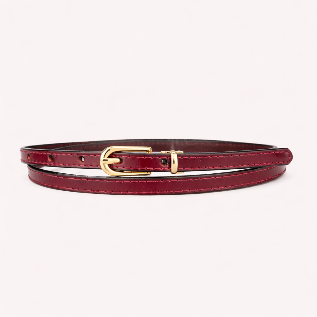 Red belt with a gold buckle on a white background
