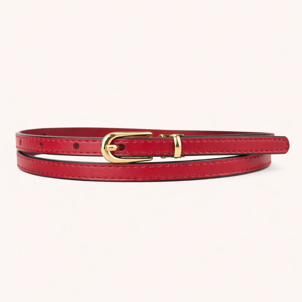 Red belt with a gold buckle on a white background