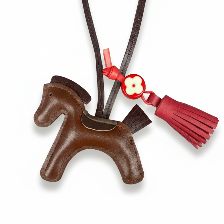 Brown horse-shaped keychain with a red tassel on a white background