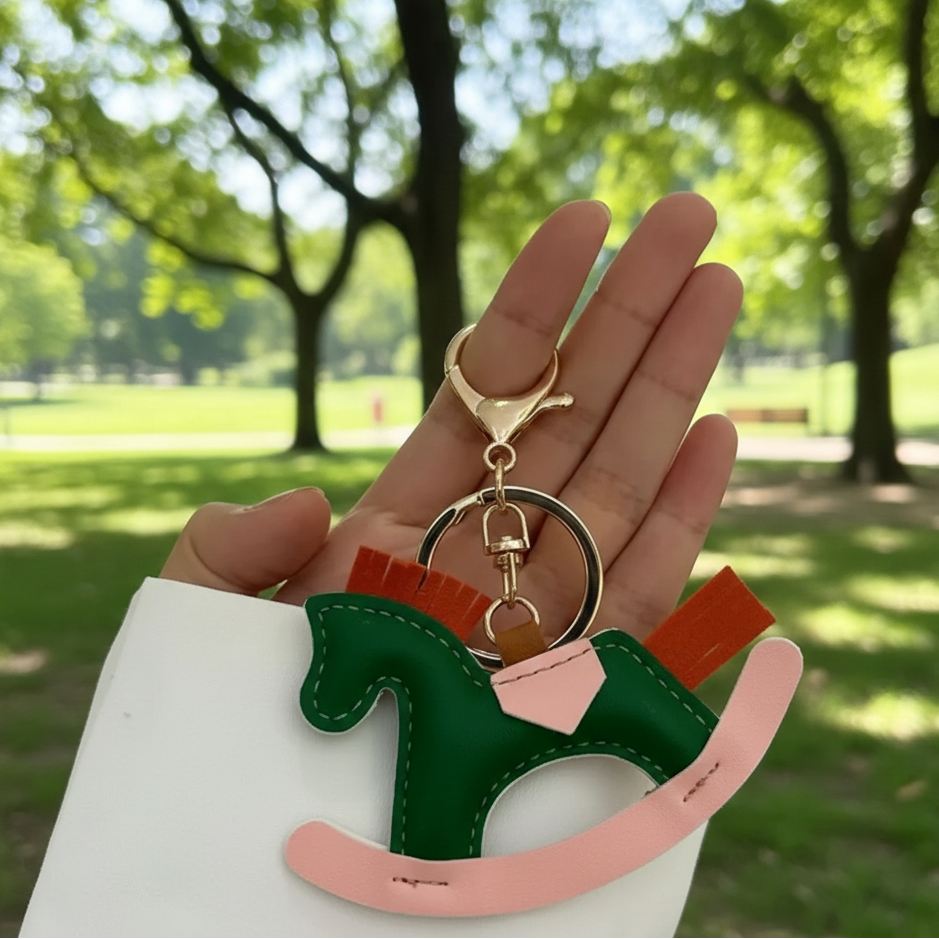 Hand holding a colorful keychain with a horse design against a park background
