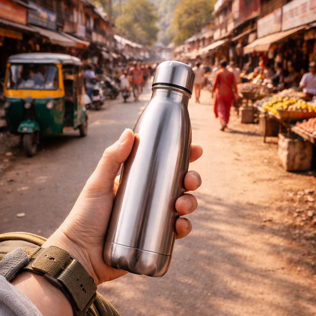 Hand holding a silver water bottle with a market scene in the background