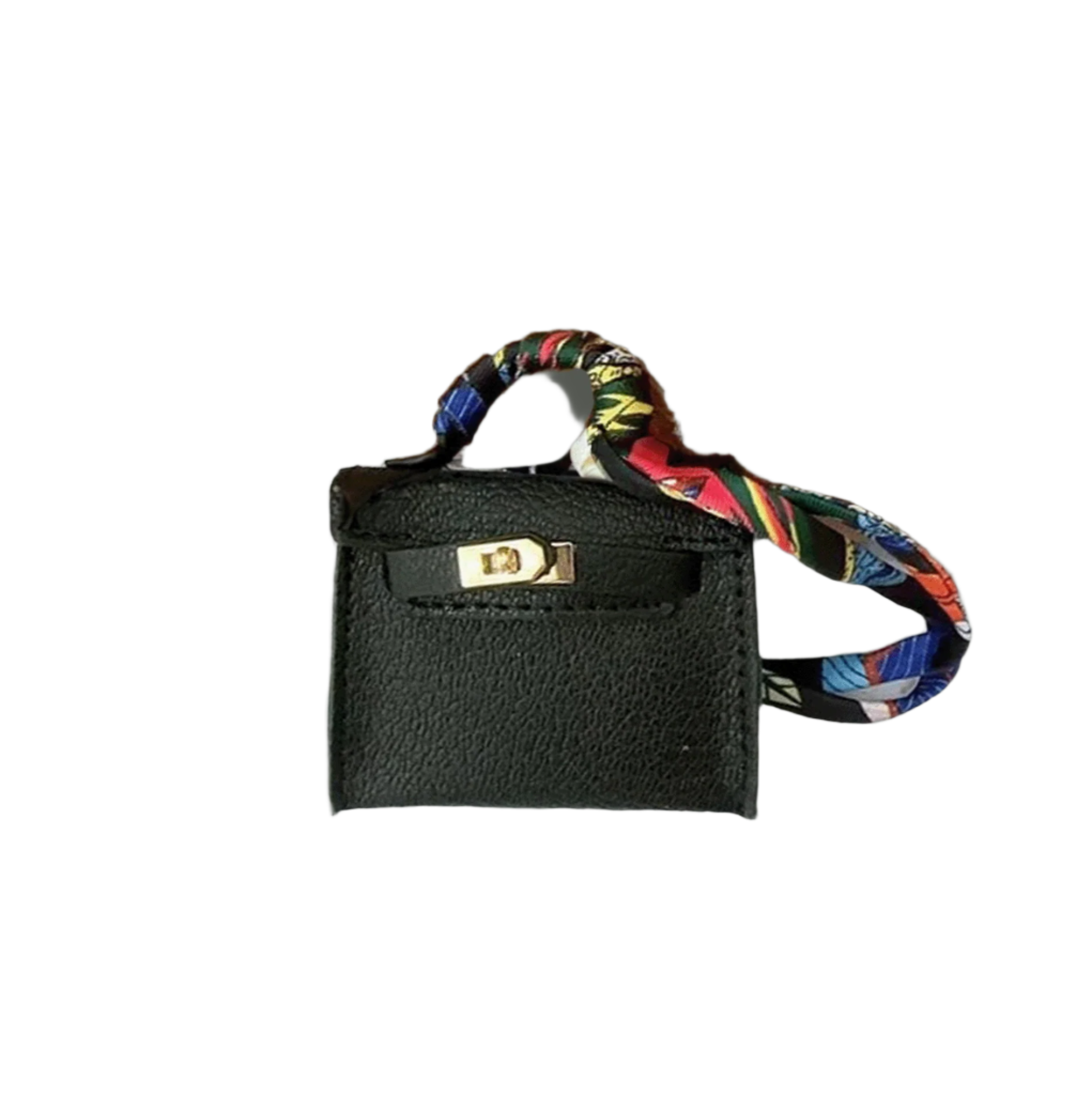 Black leather mini bag charm with scarf-wrapped handle and flap closure. Handbag accessory and keychain.