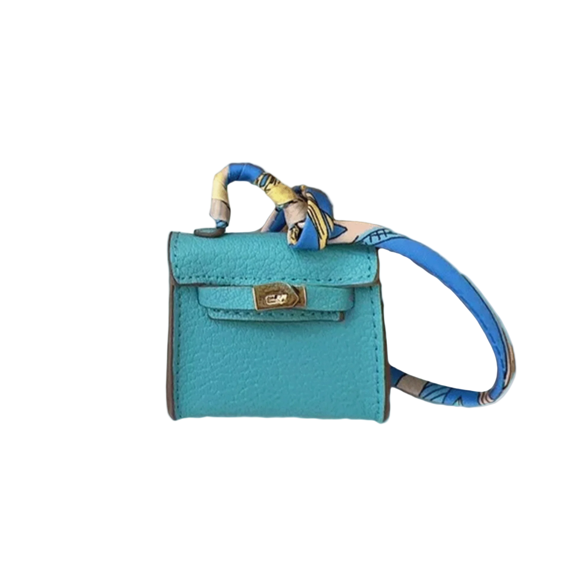Blue leather mini bag charm with scarf-wrapped handle and flap closure. Handbag accessory and keychain.