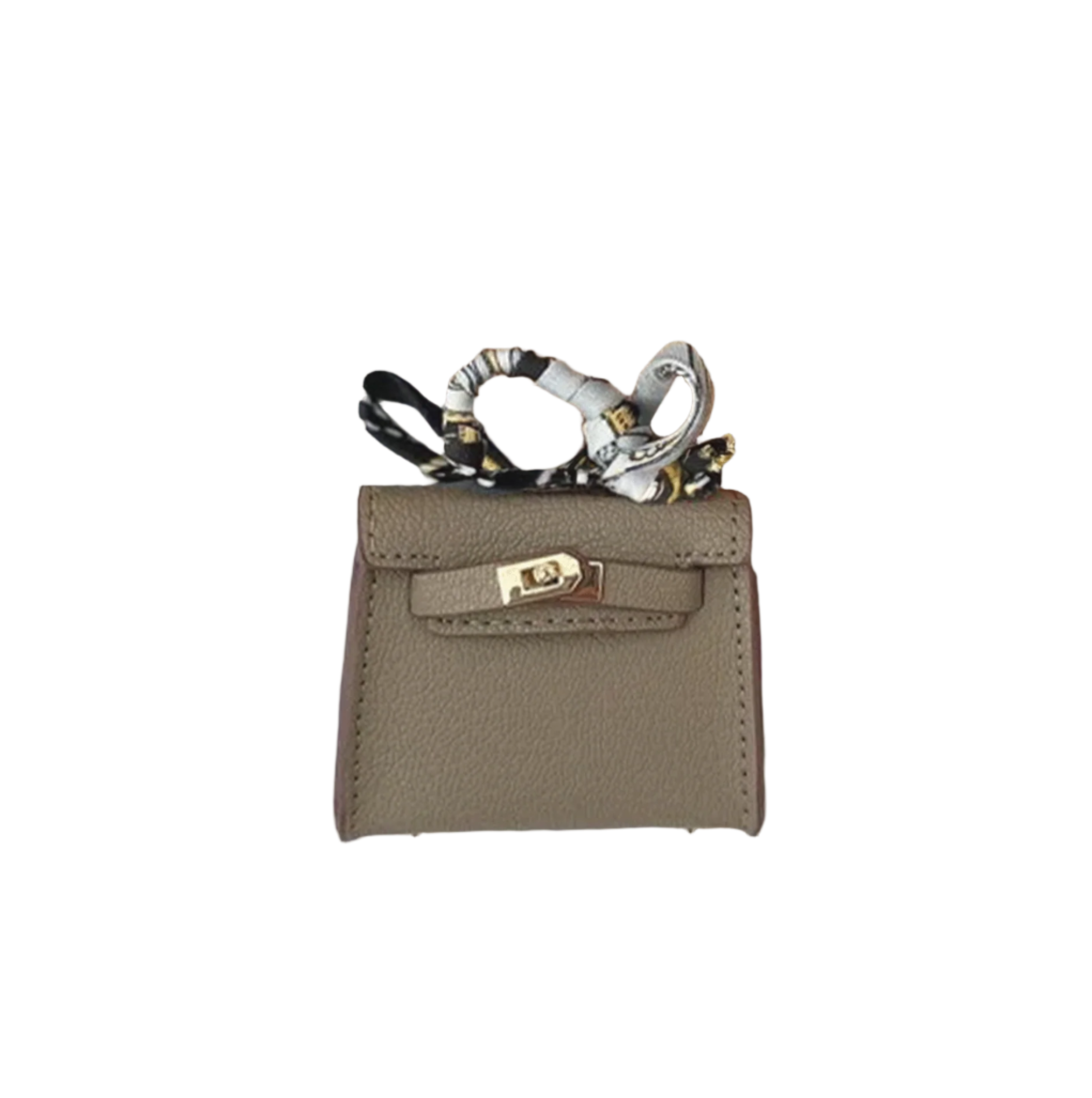 Khaki leather mini bag charm with scarf-wrapped handle and flap closure. Handbag accessory and keychain.