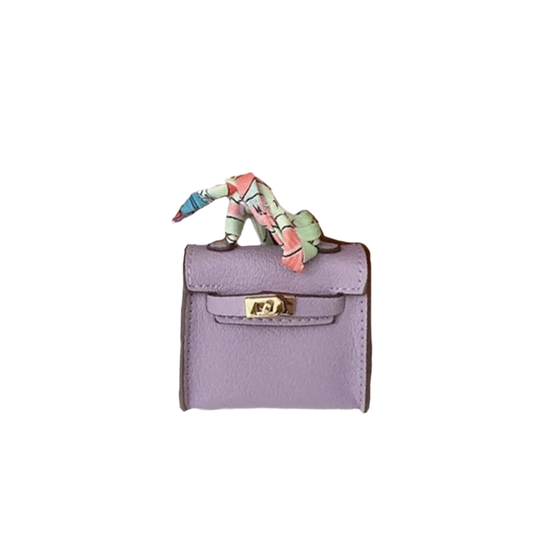 Lavender leather mini bag charm with scarf-wrapped handle and flap closure. Handbag accessory and keychain.