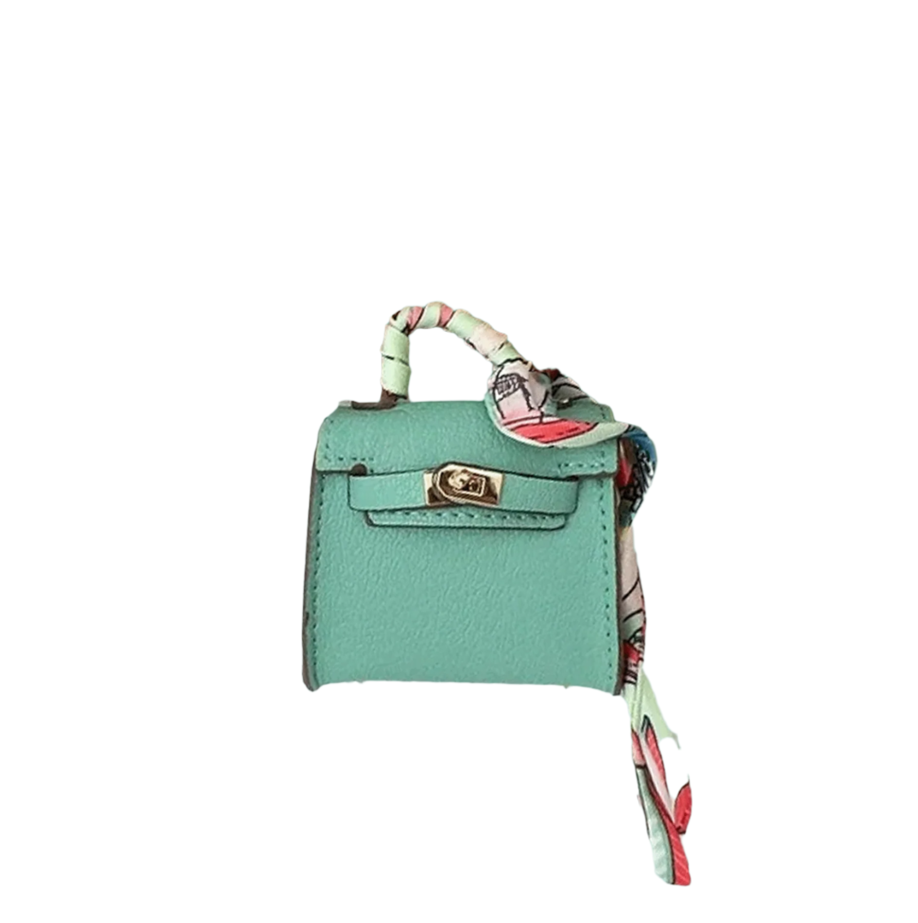 Teal textured leather mini bag charm with scarf-wrapped handle and flap closure. Handbag accessory and keychain.
