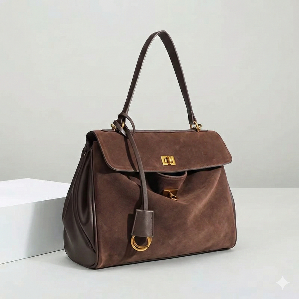Brown suede leather handbag on a white surface with a light gray background
