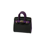 Black and purple genuine leather structured bag charm with top handle, flap closure, securing straps, and gold-tone padlock hardware.