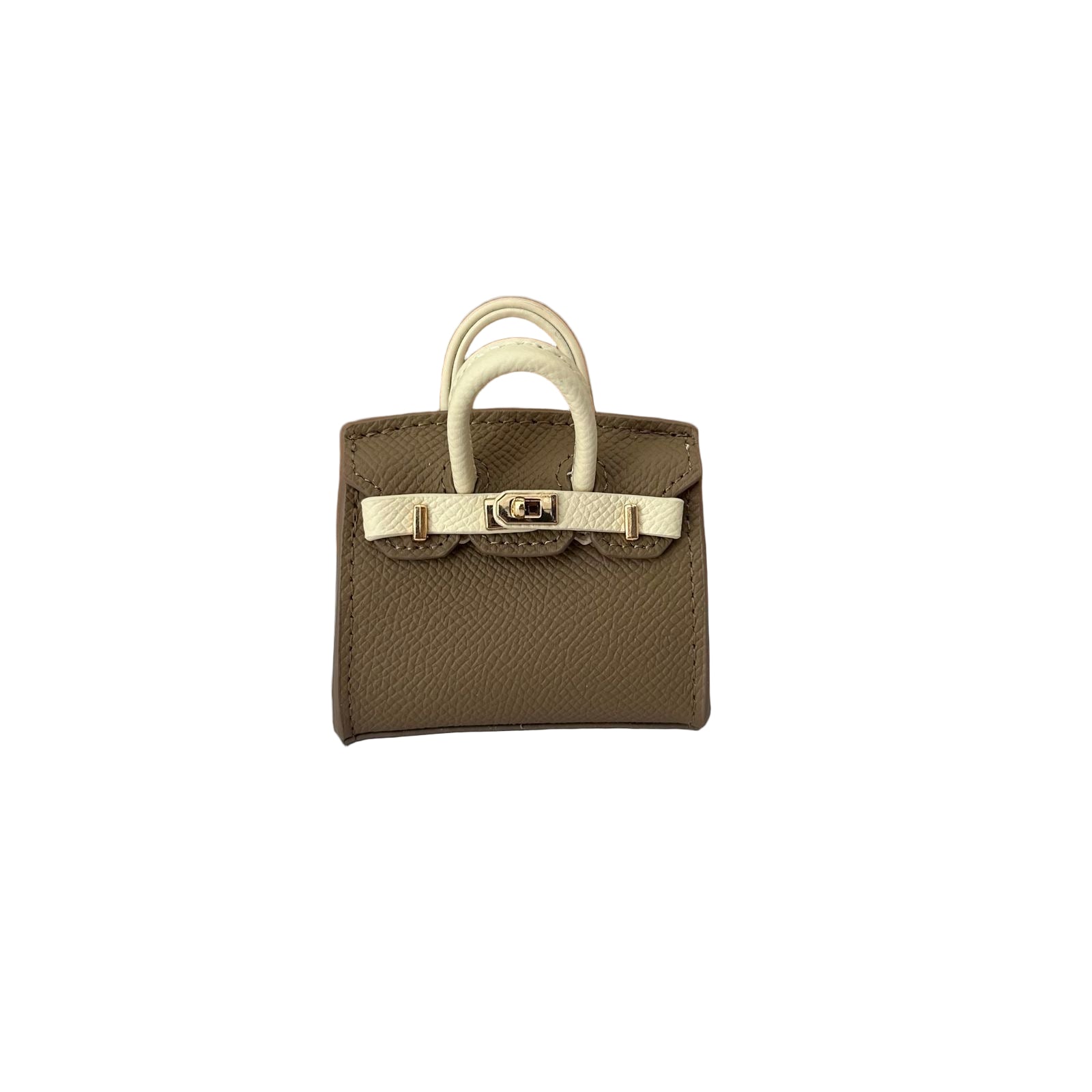 Khaki and creme genuine leather structured bag charm with top handle, flap closure, securing straps, and gold-tone padlock hardware.