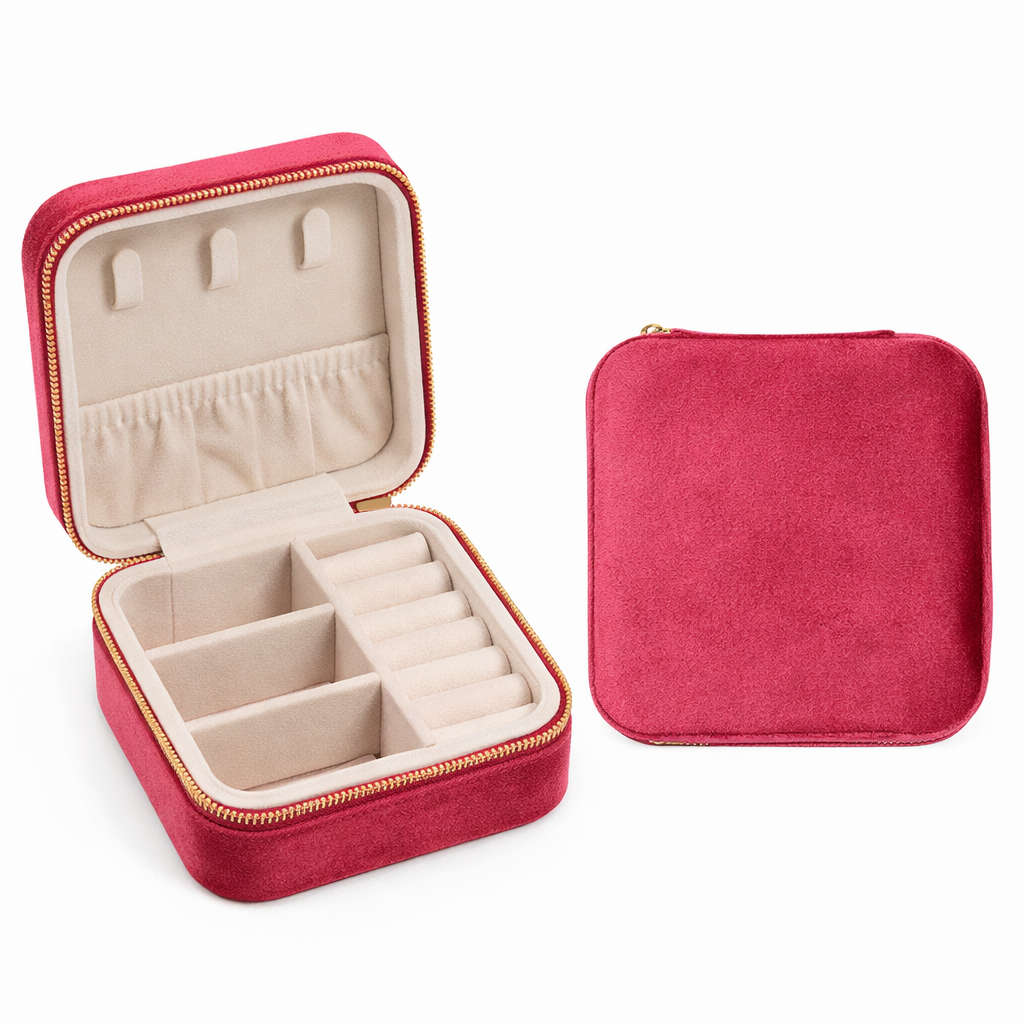 Red jewelry case with compartments and a matching cover on a white background