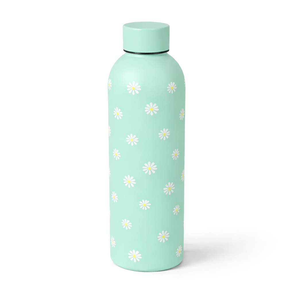 Mint green water bottle with white daisy pattern on a white background